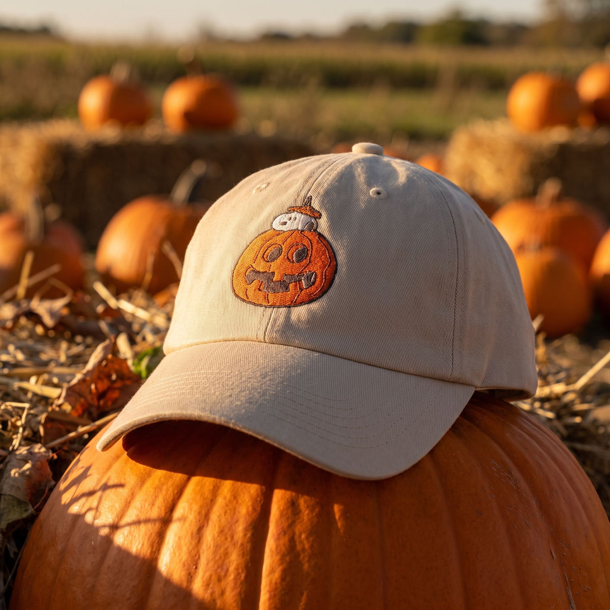 Cap placed on pumpkin in a pumpkin patch at sunset, with embroidered pumpkin and Snoopy visible and detailed fabric textures.