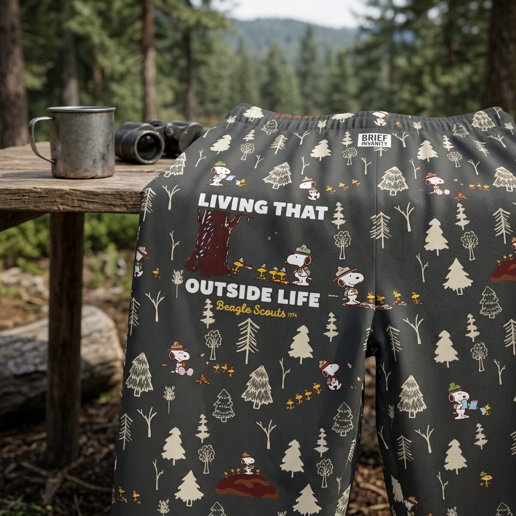 Close-up of Snoopy Outside Life lounge pants showing detailed woodland print and fabric texture under natural light.