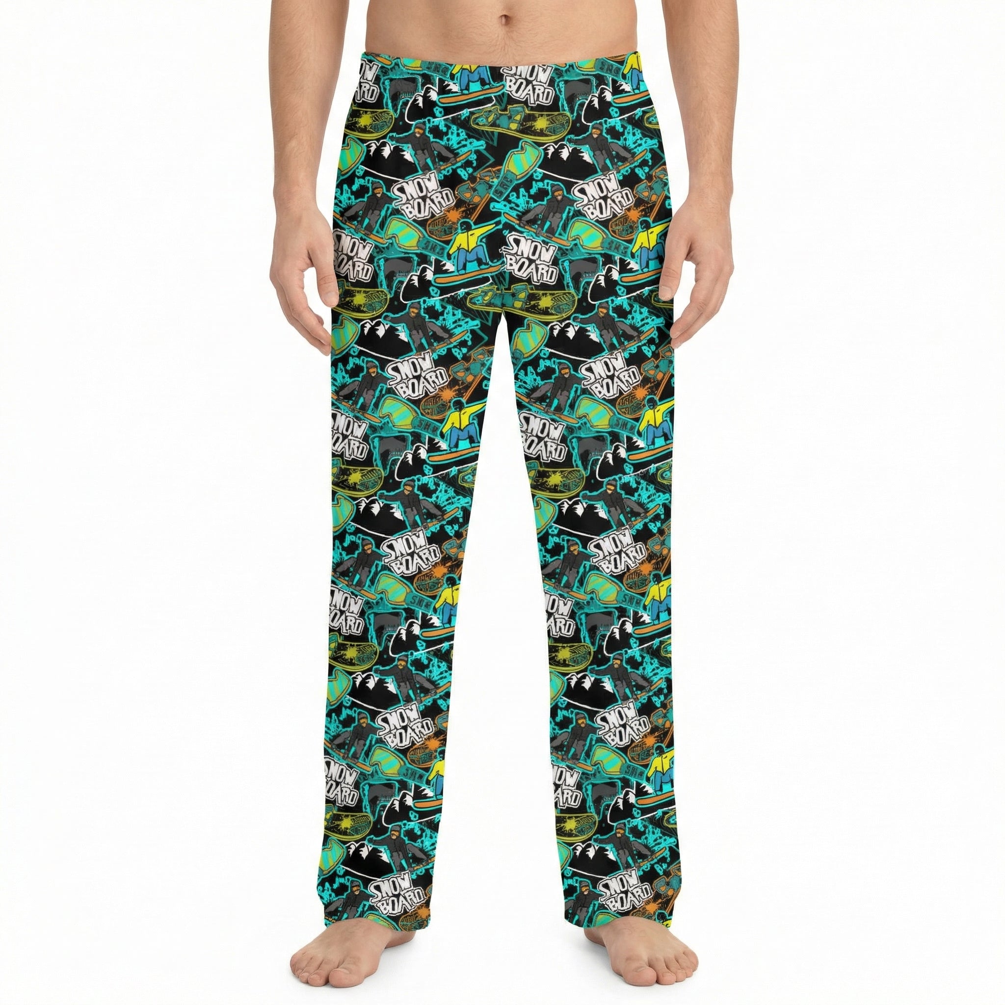 Model wearing snowboard lounge pants with snowboard-inspired graphic print on a white background.