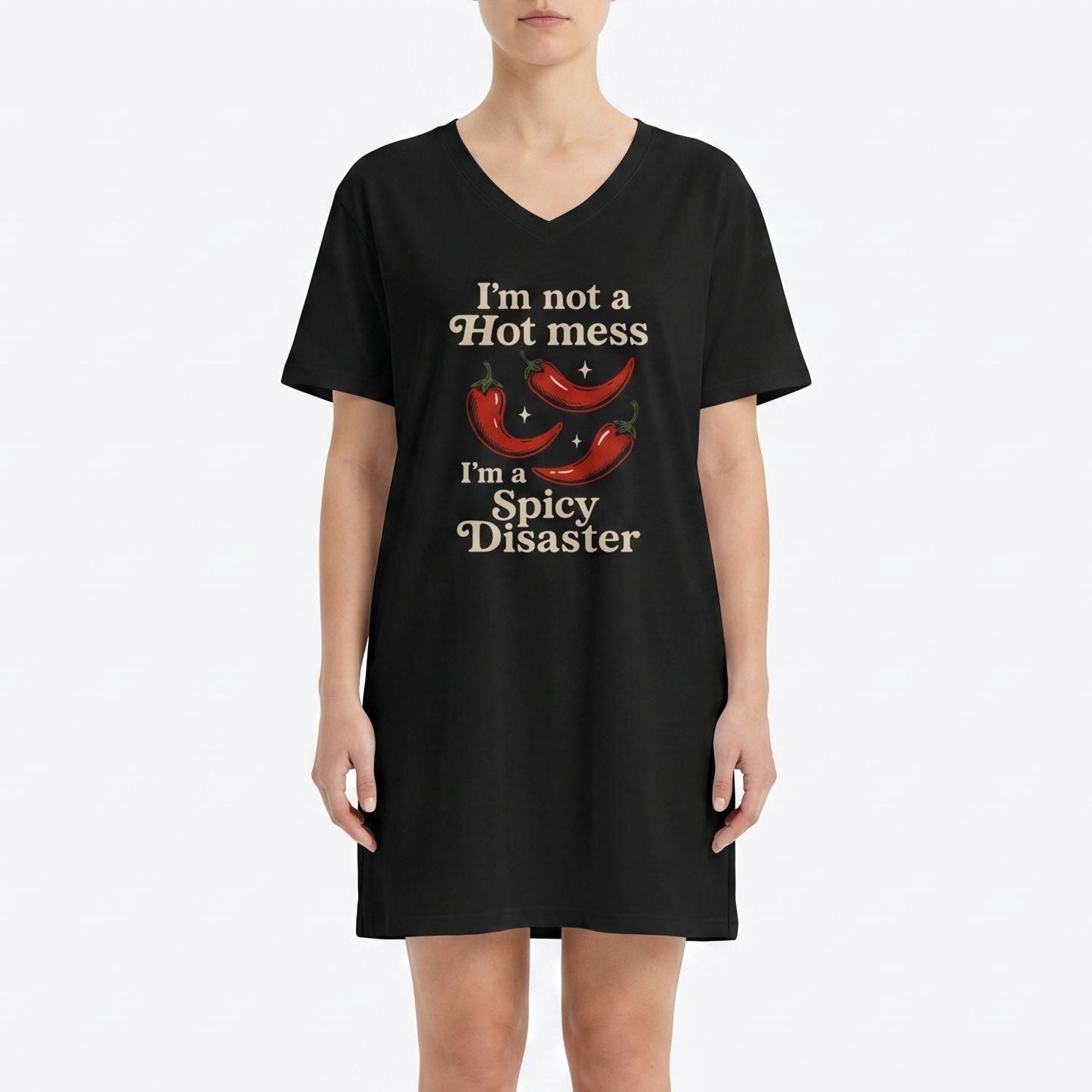 Model wearing vibrant red chili graphic night shirt with text, centered on white background, natural fabric drape, clear print.