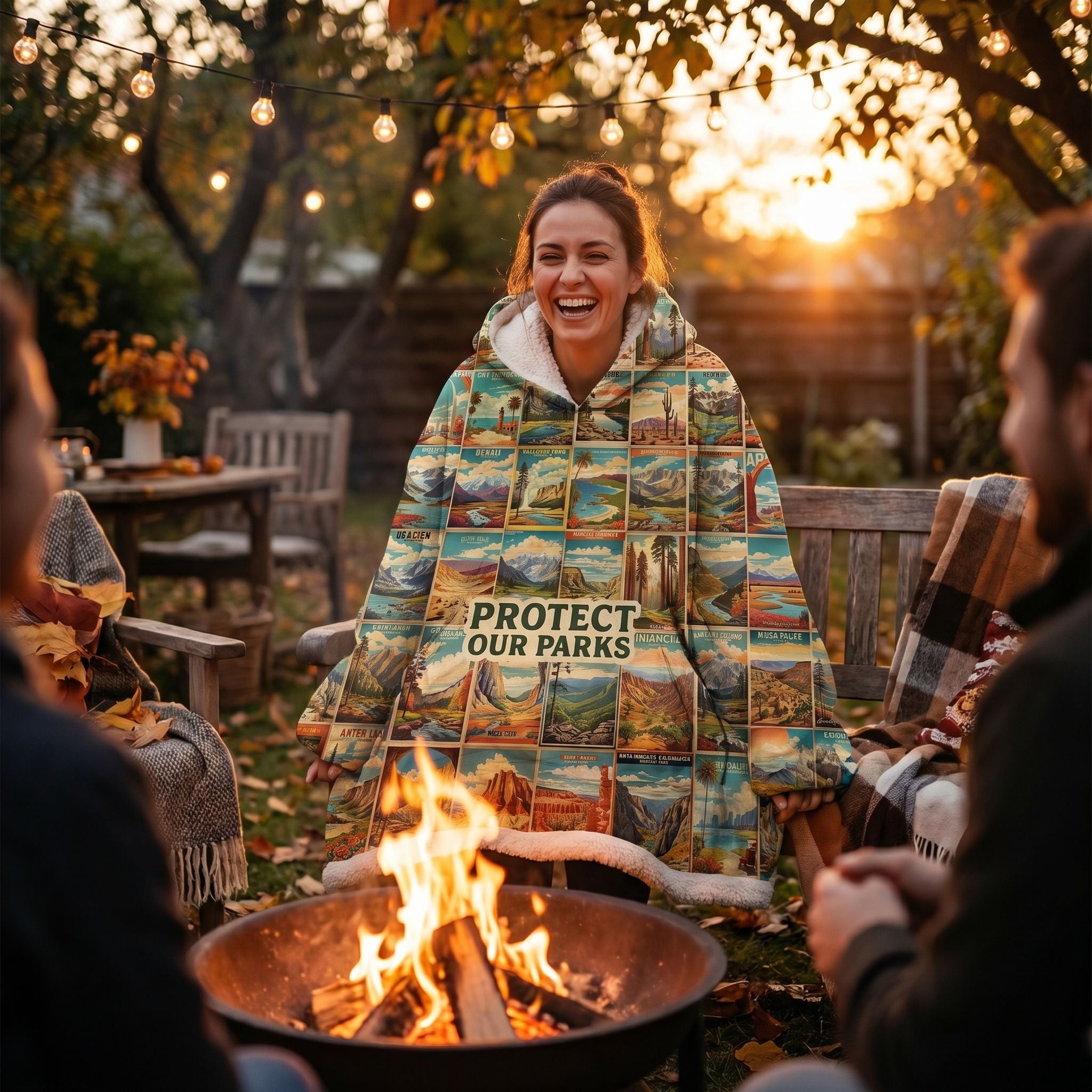 Woman laughing and sitting by fire pit wrapped in Protect Our Parks blanket hoodie at sunset.