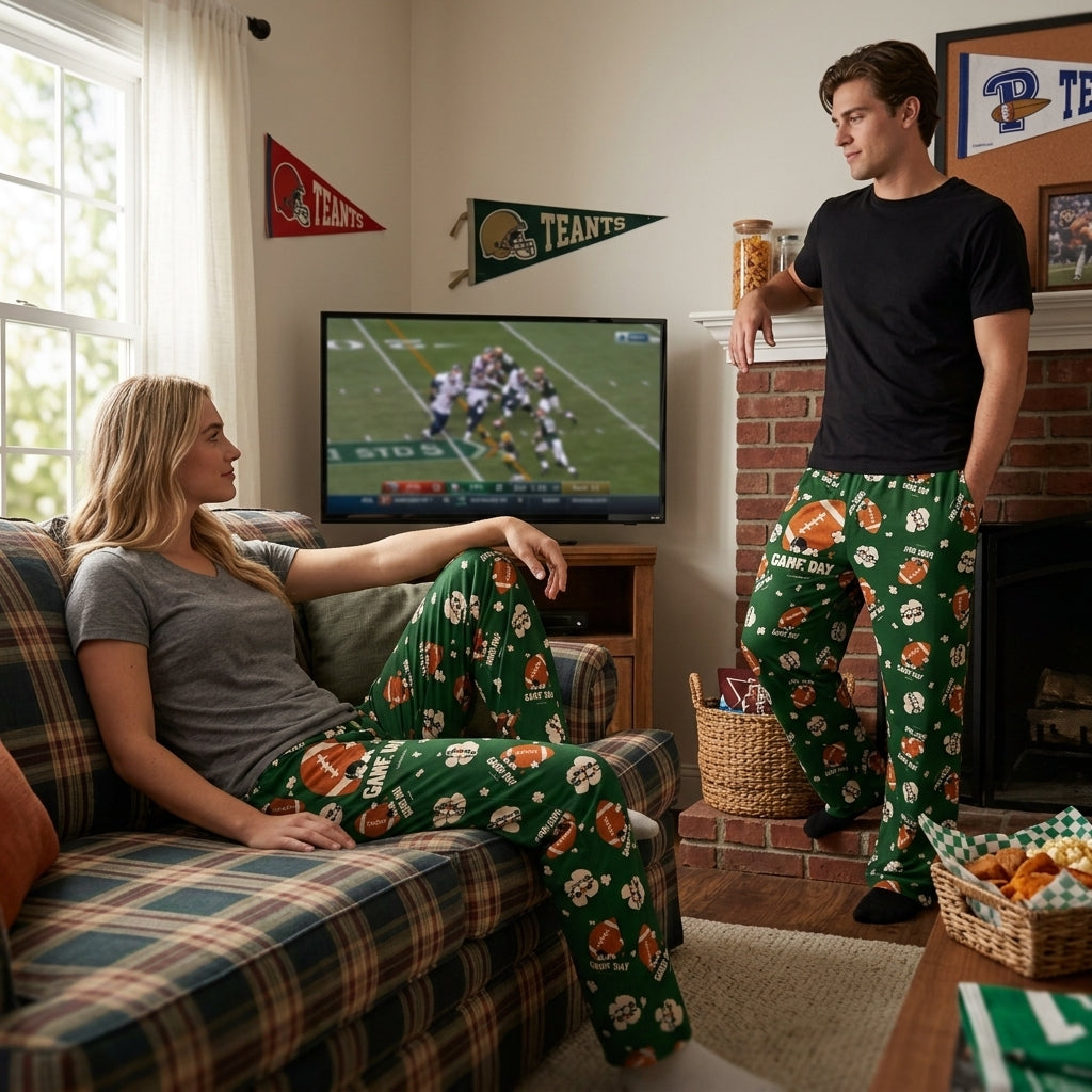 Close-up of Team Spirit Snoopy Football Lounge Pants showcasing football-themed print and 'Game Day' text with textured fabric details.
