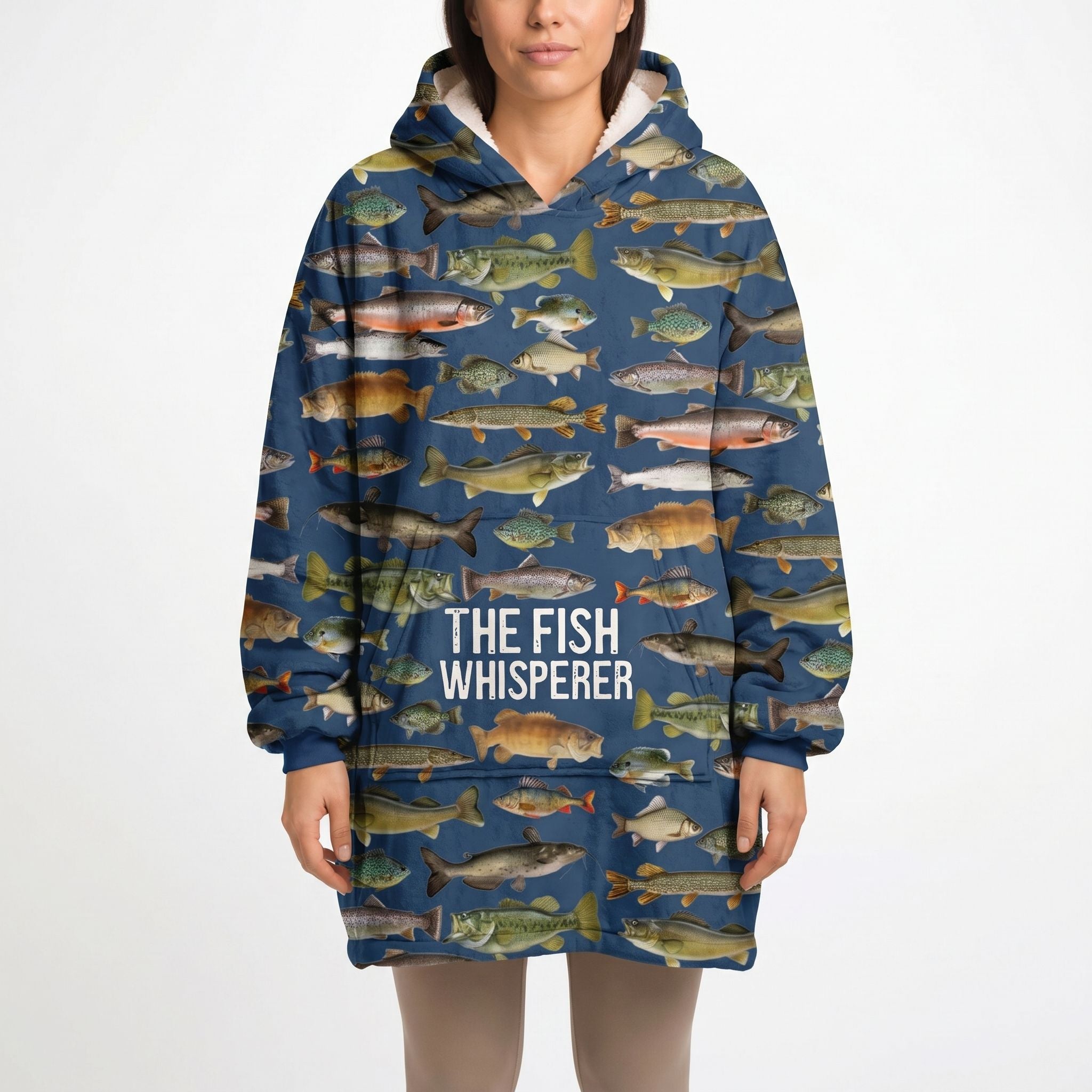 Oversized Fish Whisperer blanket hoodie with fish design worn by a model on a white background, showing the full product and design.