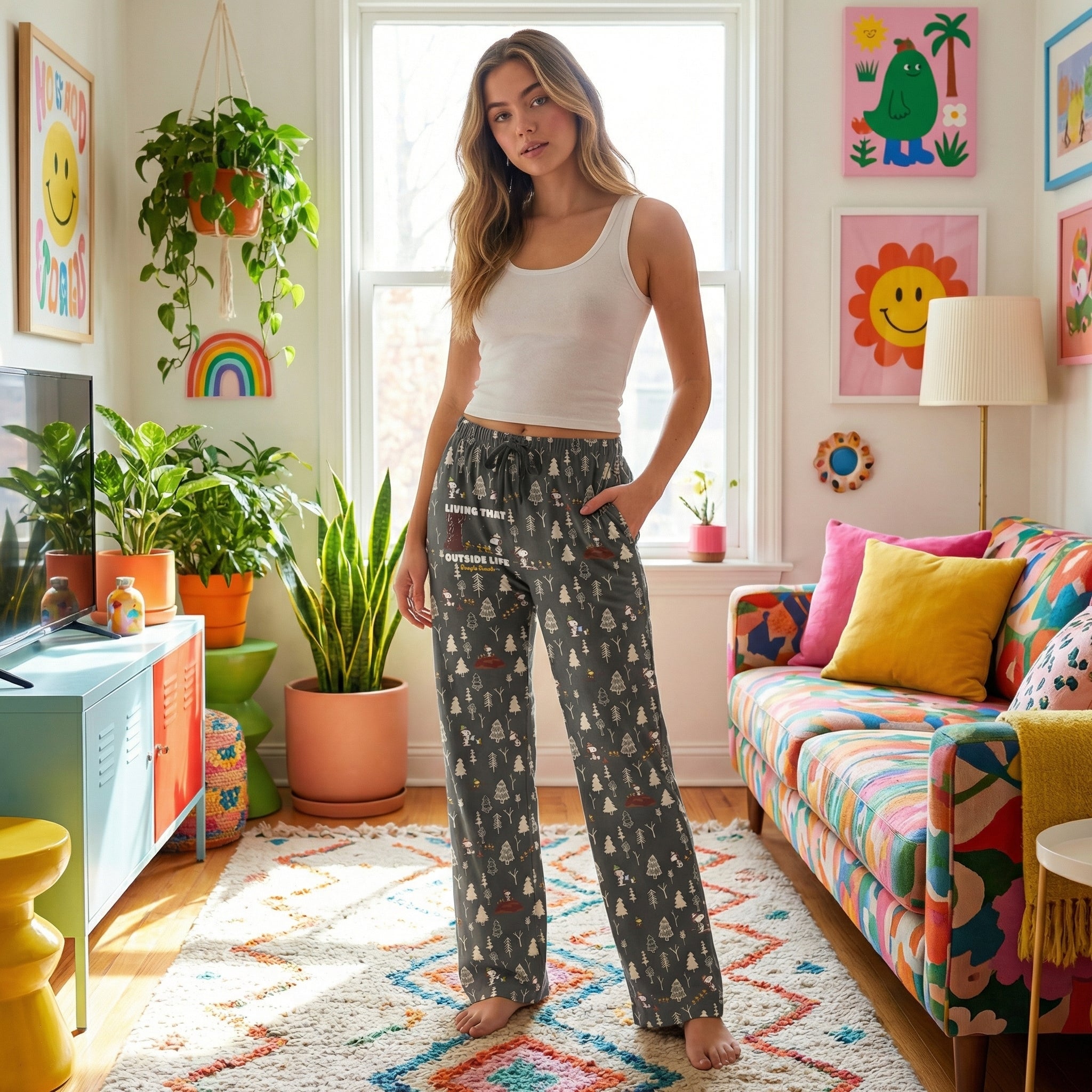 Vivid lifestyle image of a woman wearing Snoopy Outside Life lounge pants in a bright, decorated living room with plants and decor.