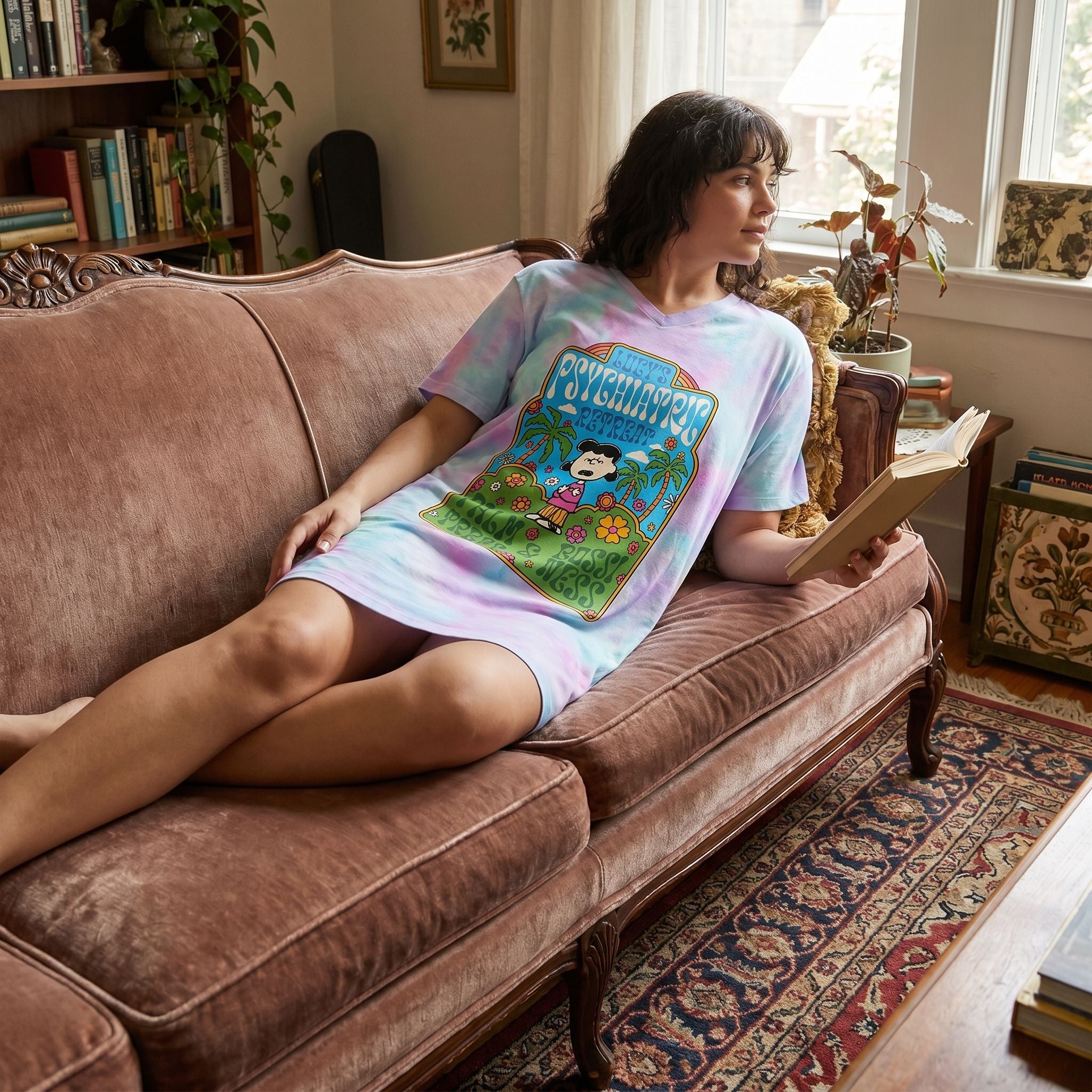 Person lounging on a vintage sofa in a cozy living room wearing Peanuts Lucy's psychiatric retreat night shirt showing pastel tie-dye colors and relaxed fit.