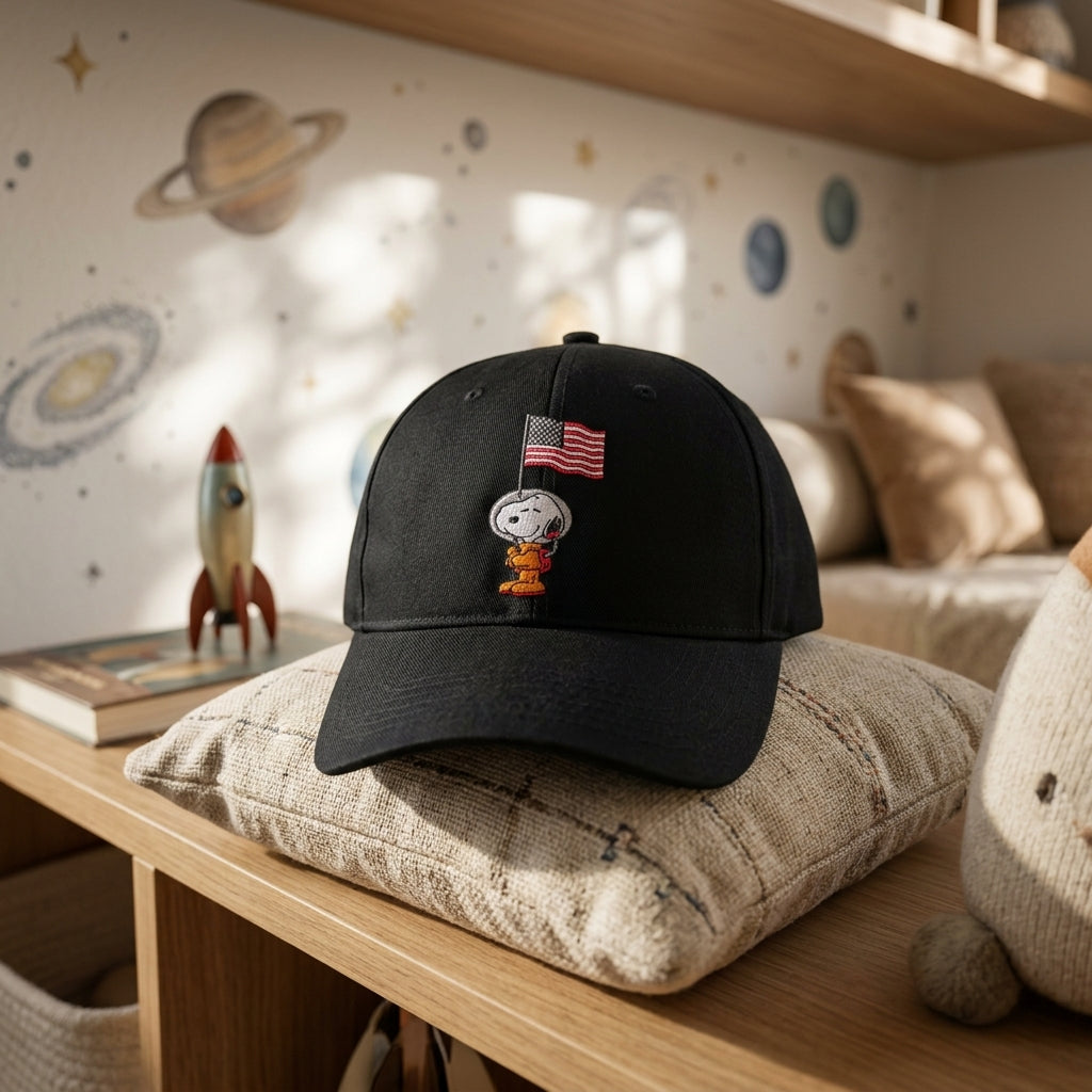Snoopy space embroidered cap on vintage fabric pillow with space-themed decor, in a modern softly lit interior.