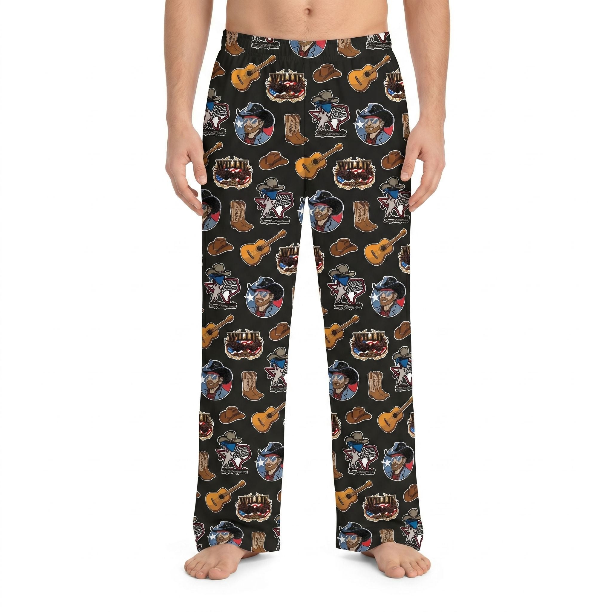 Model wearing Willie Nelson patriotic sticker lounge pants, fully visible from waist to ankles, against a white background, showcasing the vivid all-over print.