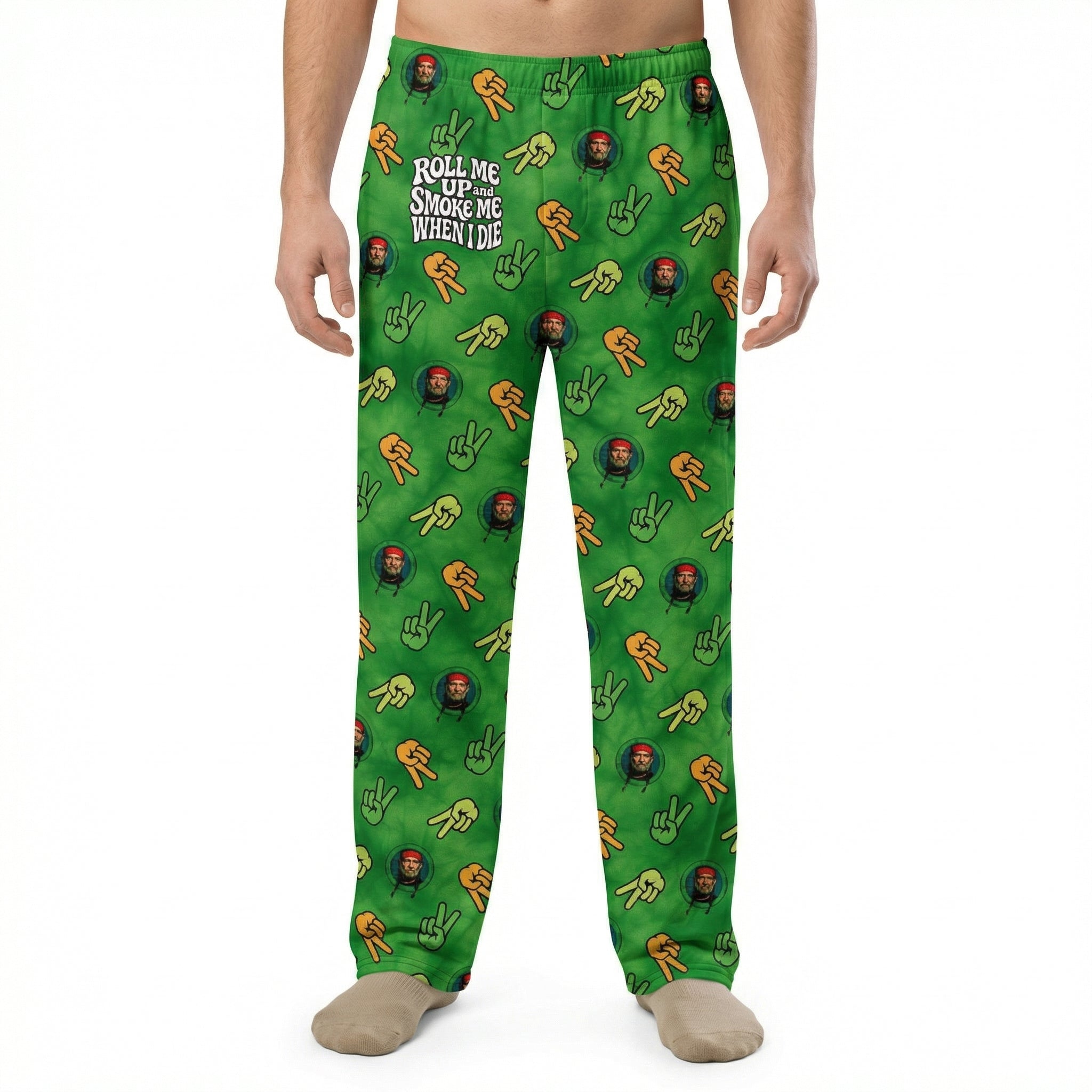 Model wearing Willie Nelson Lounge Pants with all-over country rebel print against white background, cropped from waist to ankles.