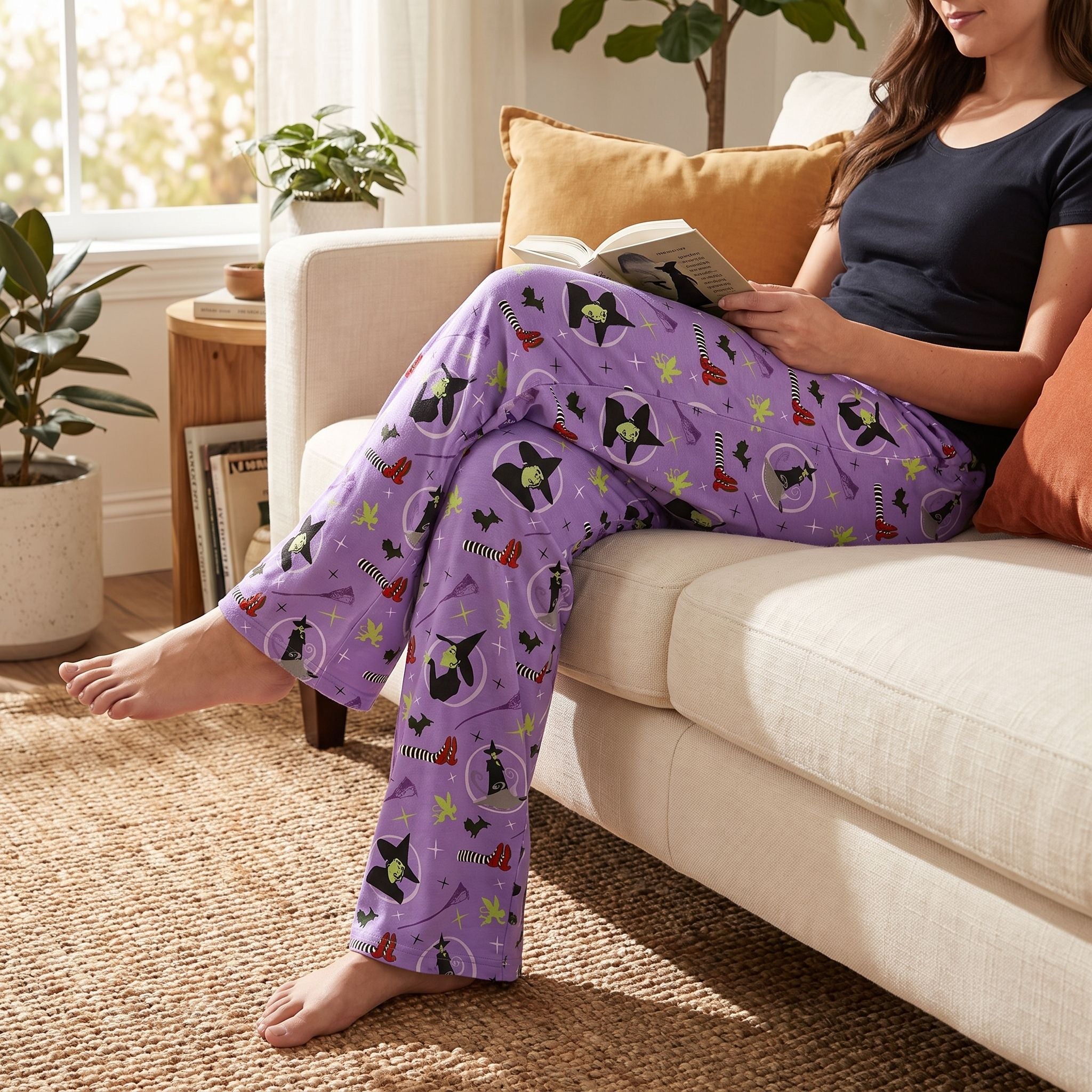 Full-body of a person wearing Wizard of Oz Wicked Witch lounge pants seated on a plush sofa in a cozy living room with warm decor.