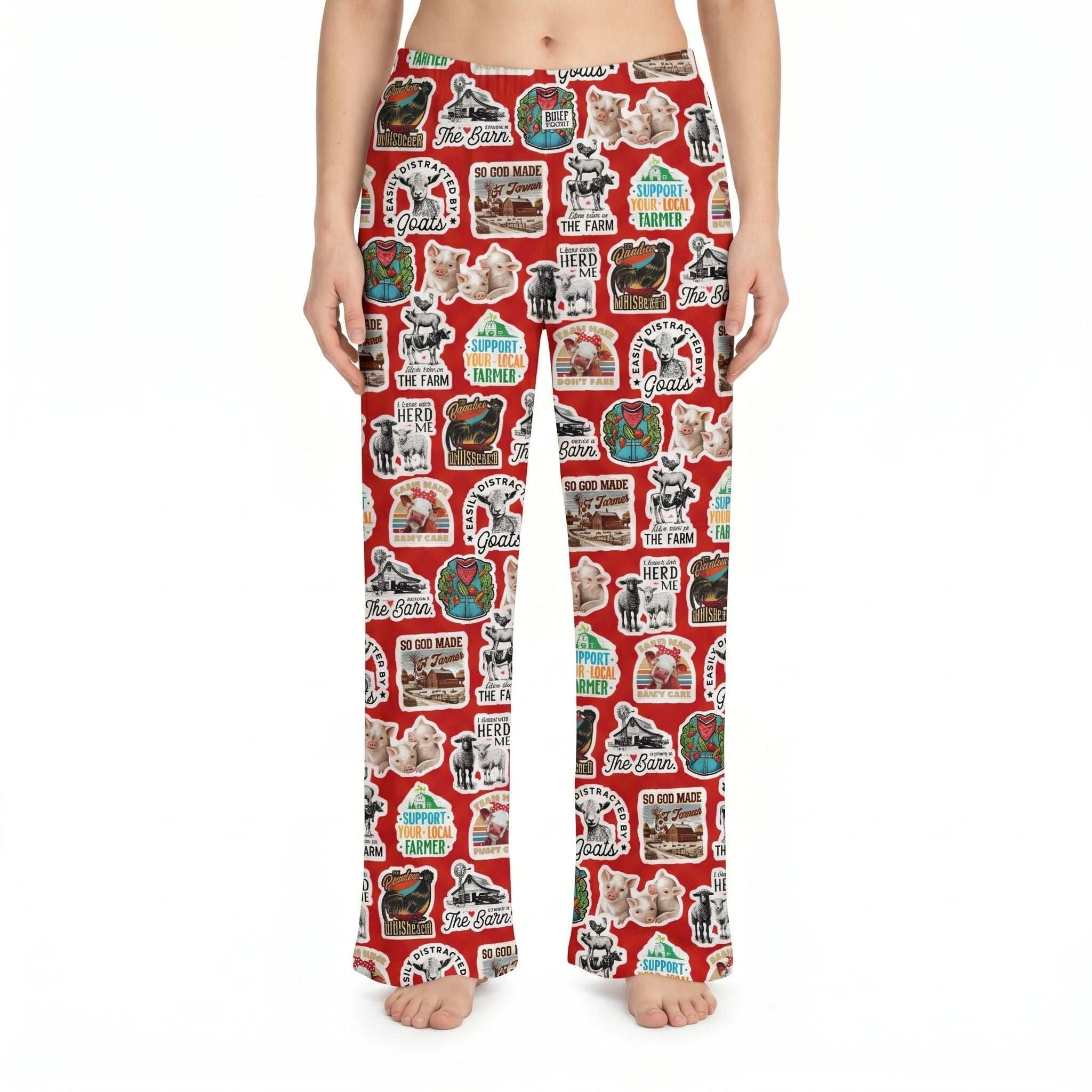 Model wearing Your Local Farm Lounge Pants with farm graphics and sayings on white background