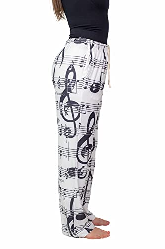 Waist down photo of model wearing Music Notes pajama lounge pants side view (white background)