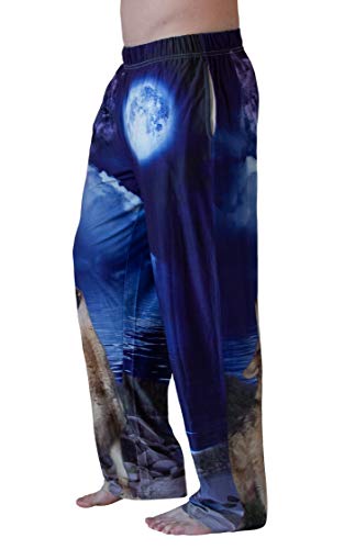 Waist down photo of model wearing Howling Wolf pajama lounge pants side view (white background)