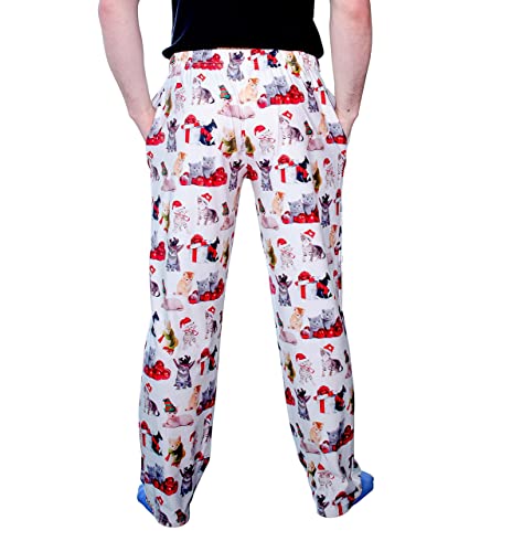 Waist down photo of model wearing Meowy Christmas pajama lounge pants front view (white background)