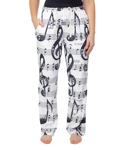Waist down photo of model wearing Music Notes pajama lounge pants front view (white background)