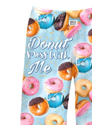 Close up image of "Donut Mess With Me" text and print on pajama lounge pants