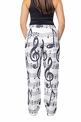 Waist down photo of model wearing Music Notes pajama lounge pants back view (white background)
