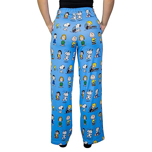 Waist down photo of model wearing Snoopy Friends pajama lounge pants back view (white background)