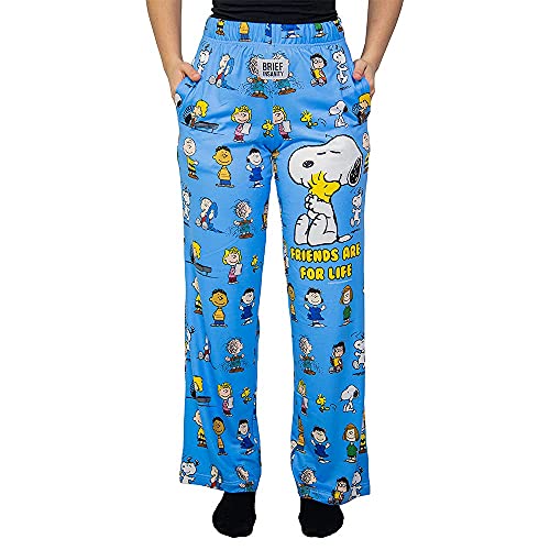 Waist down photo of model wearing Snoopy Friends pajama lounge pants front view (white background)