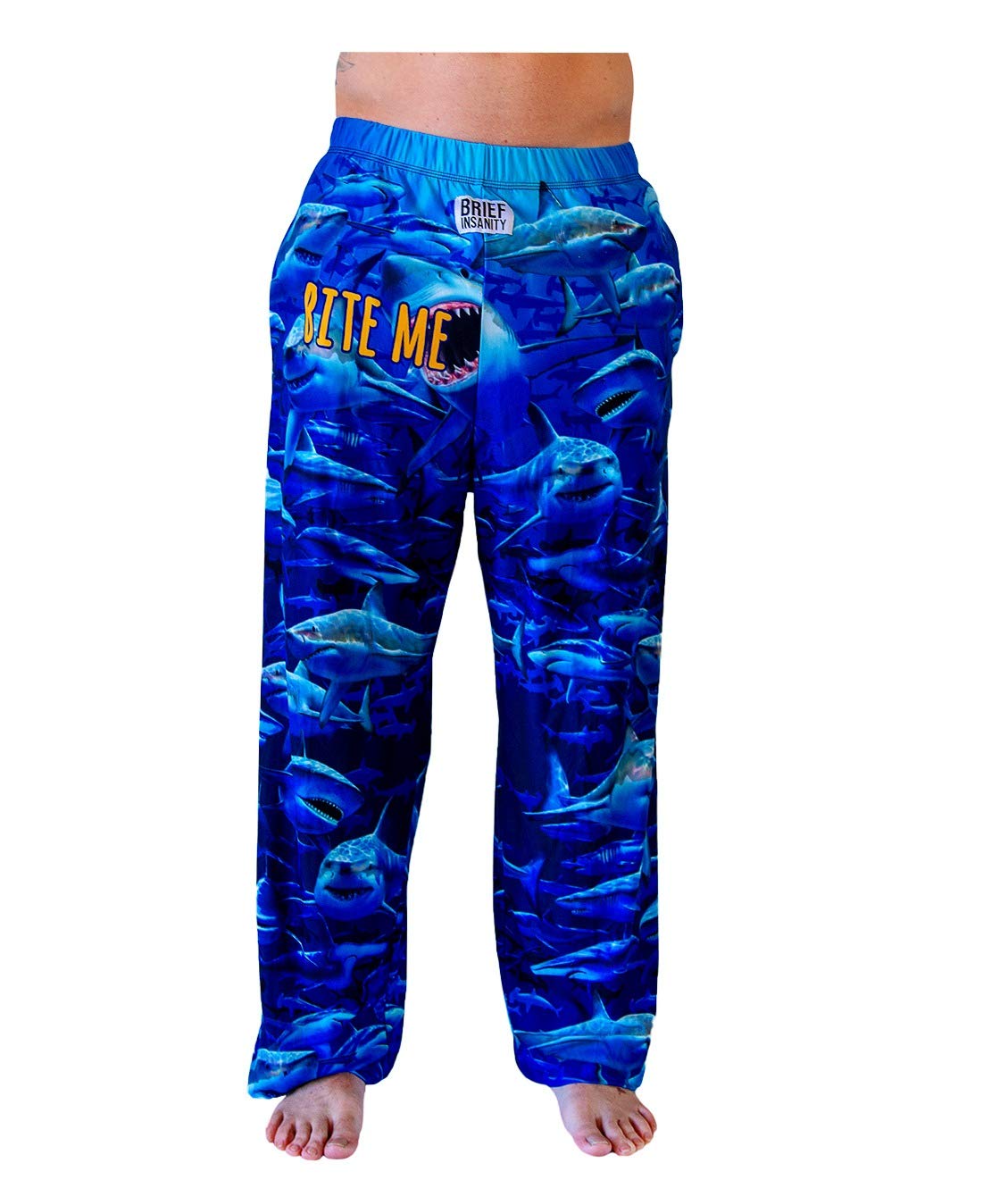 Waist down photo of model wearing Bite Me Shark pajama lounge pants front view (white background)