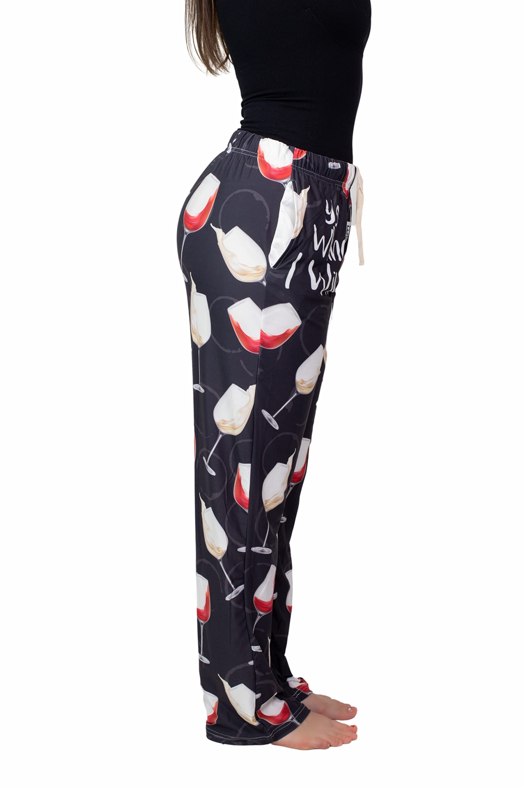 Waist down photo of model wearing You Whine I Wine pajama lounge pants side view (white background)