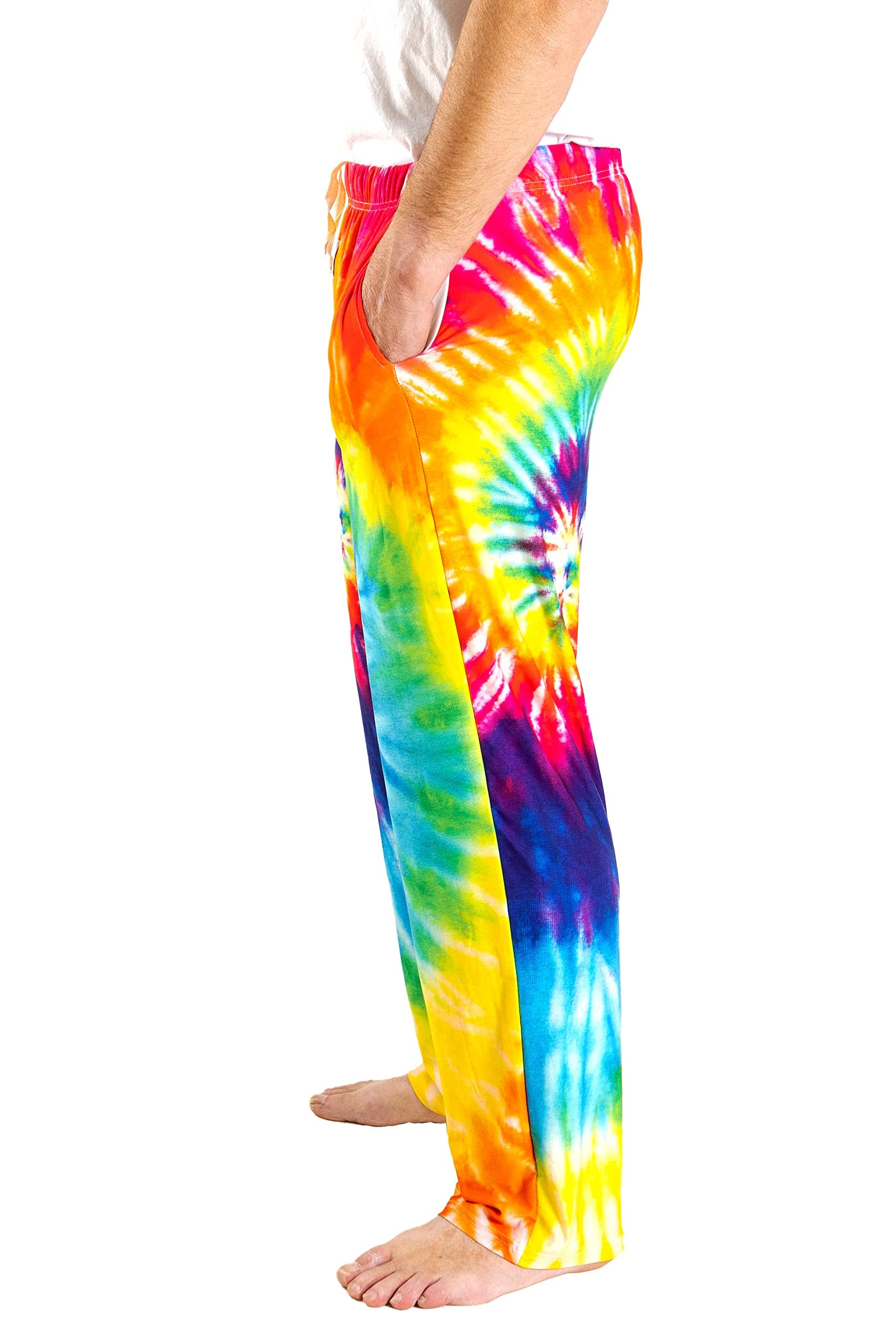 Waist down photo of model wearing Rainbow Tie-Dye pajama lounge pants full side view (white background)