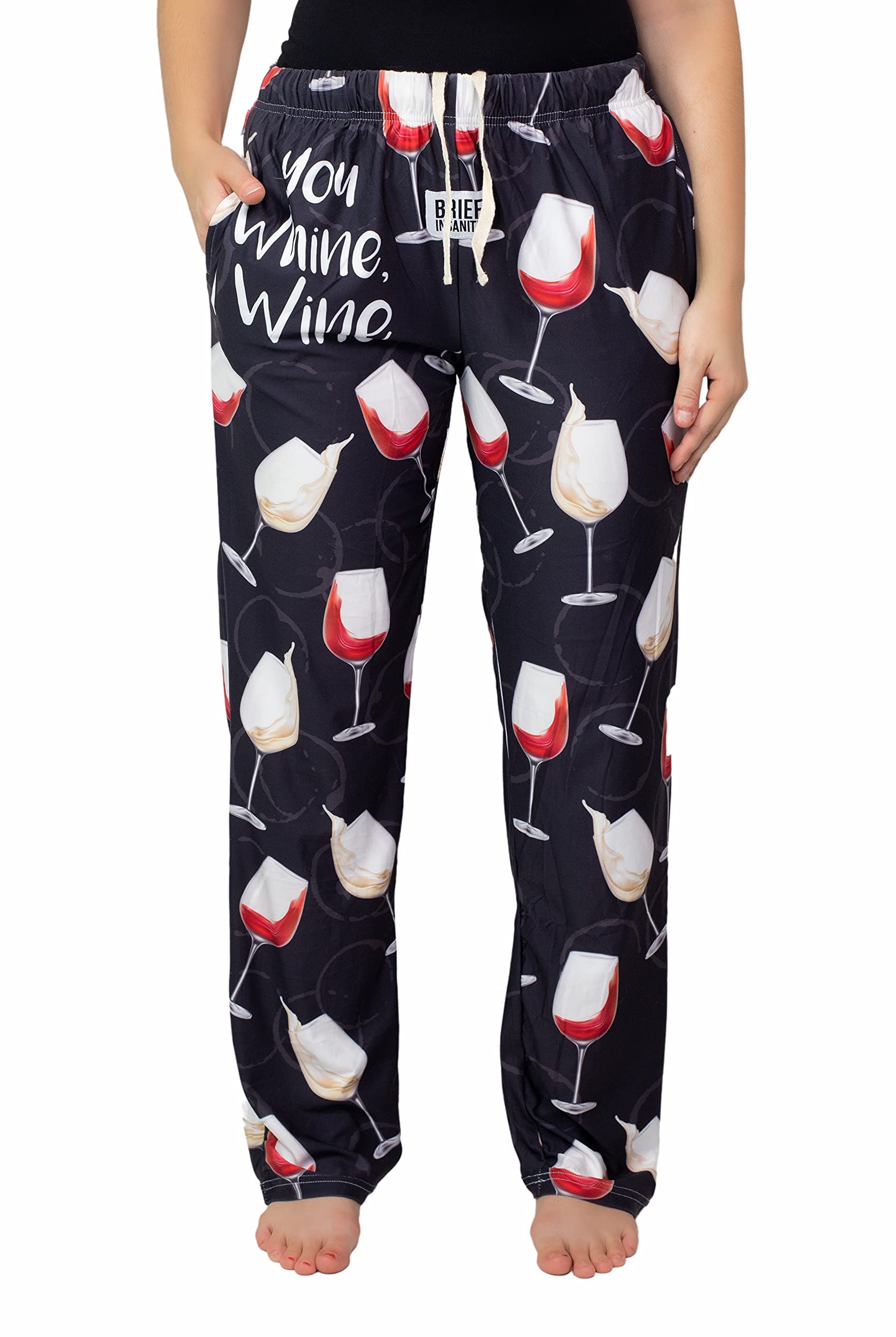 Waist down photo of model wearing You Whine I Wine pajama lounge pants front view (white background)