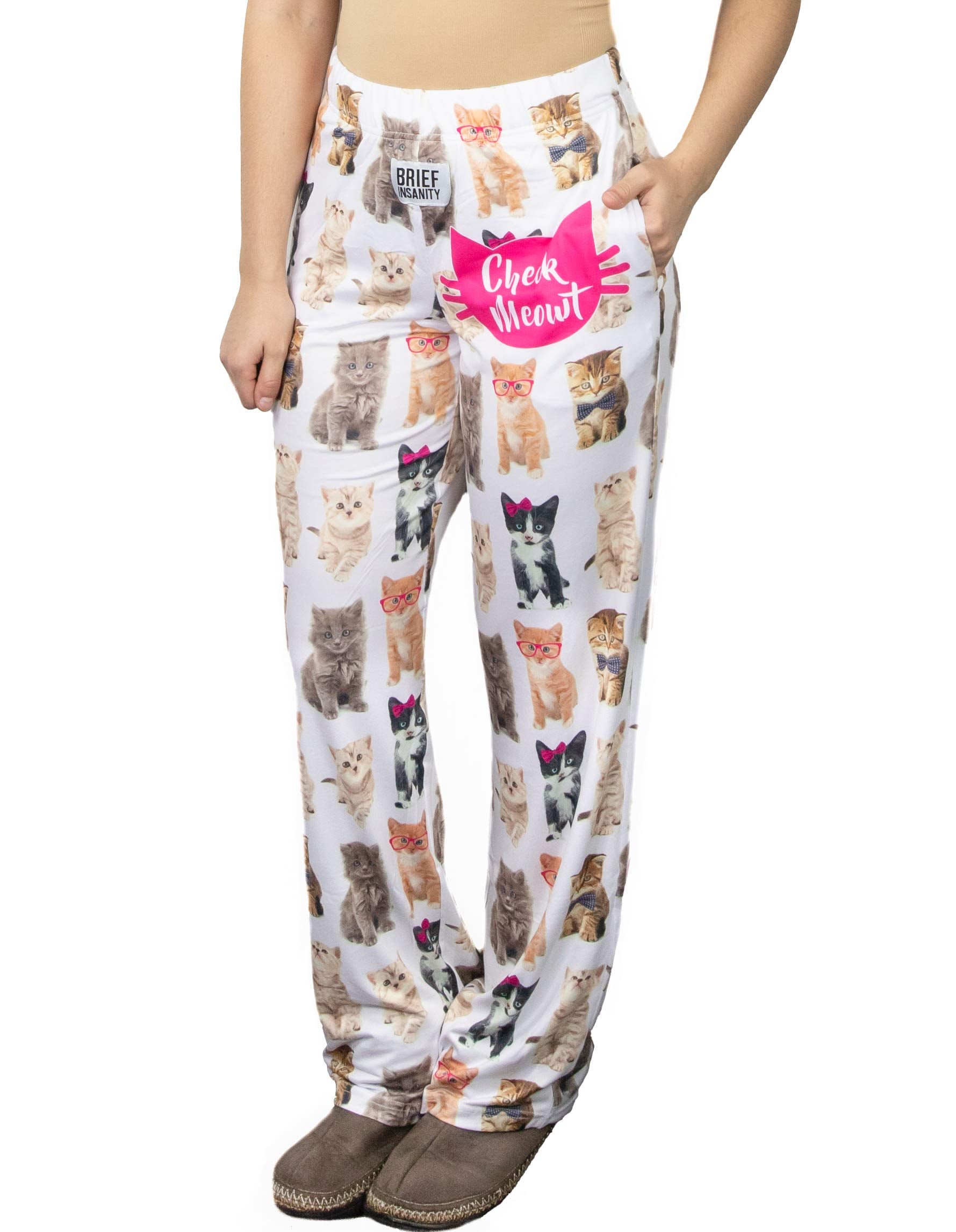 Waist down photo of model wearing Check Meowt pajama lounge pants front view (white background)
