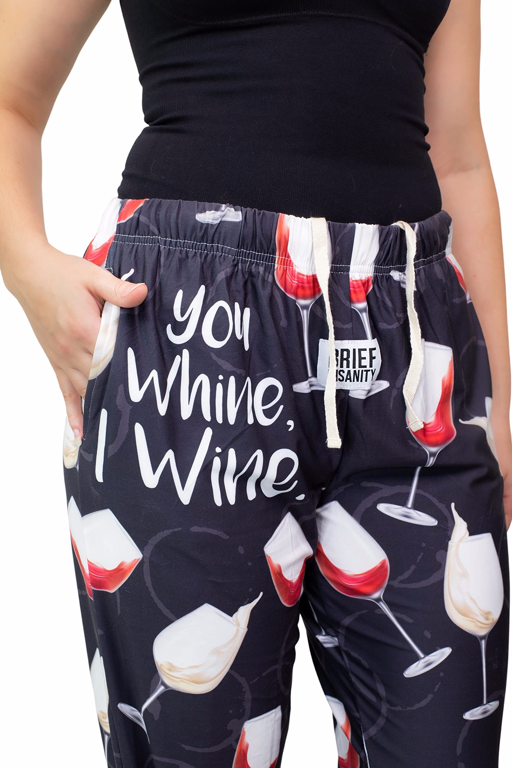 Close up waist down photo of model wearing You Whine I Wine pajama lounge pants front view (white background)