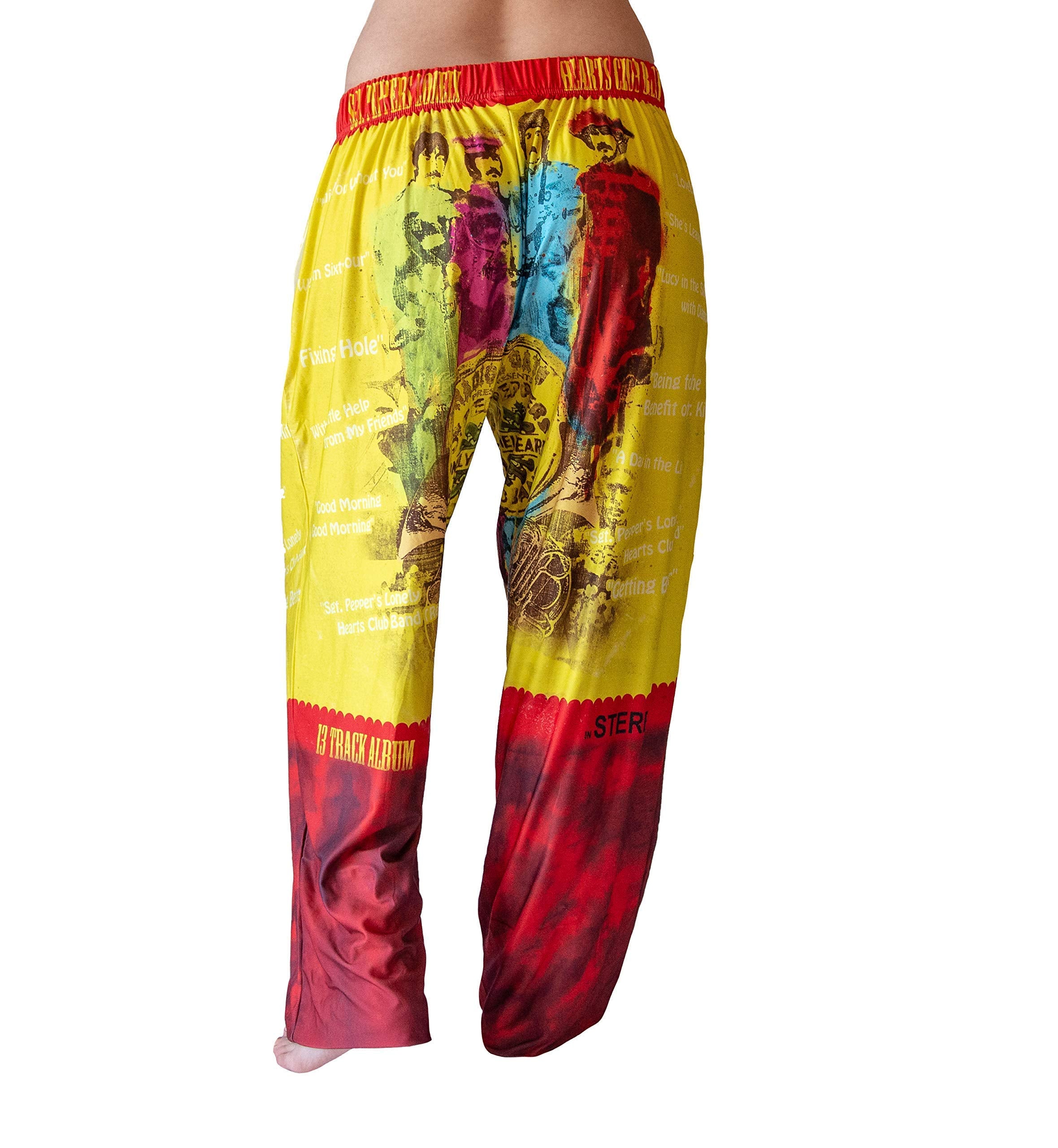 Waist down photo of model wearing Sgt. Peppers pajama lounge pants back view (white background)
