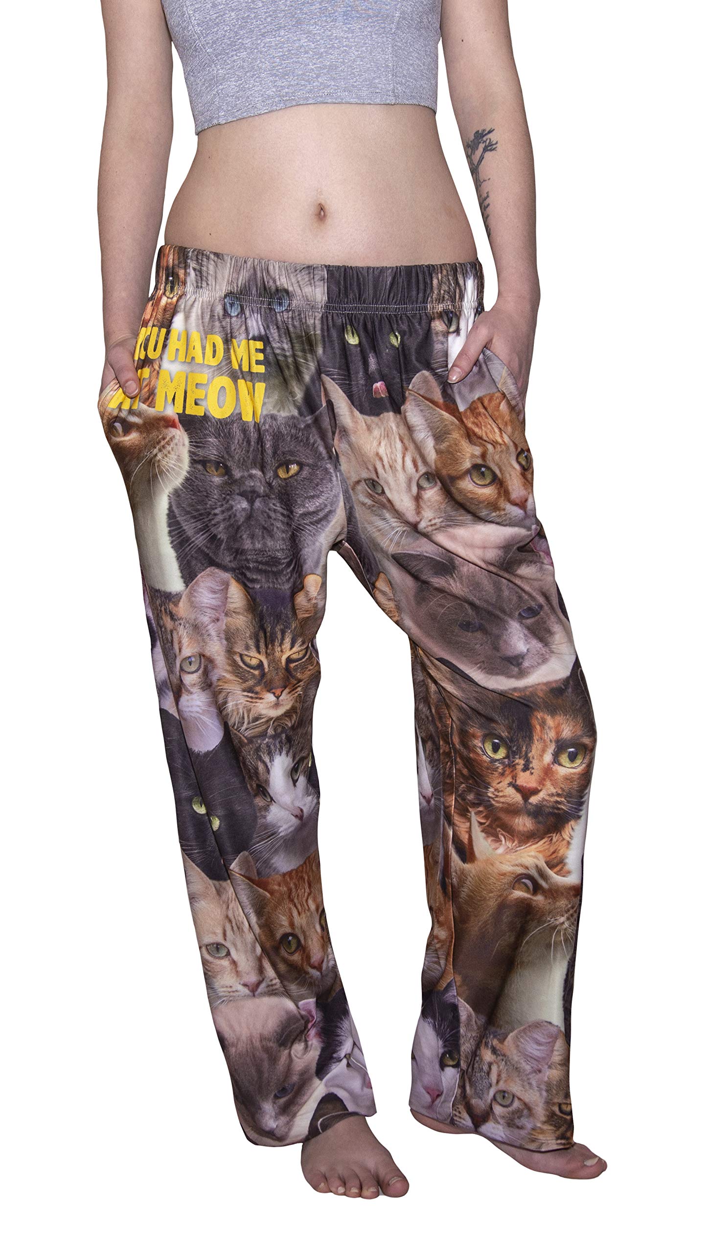 Waist down photo of model wearing You Had Me At Meow pajama lounge pants front view (white background)