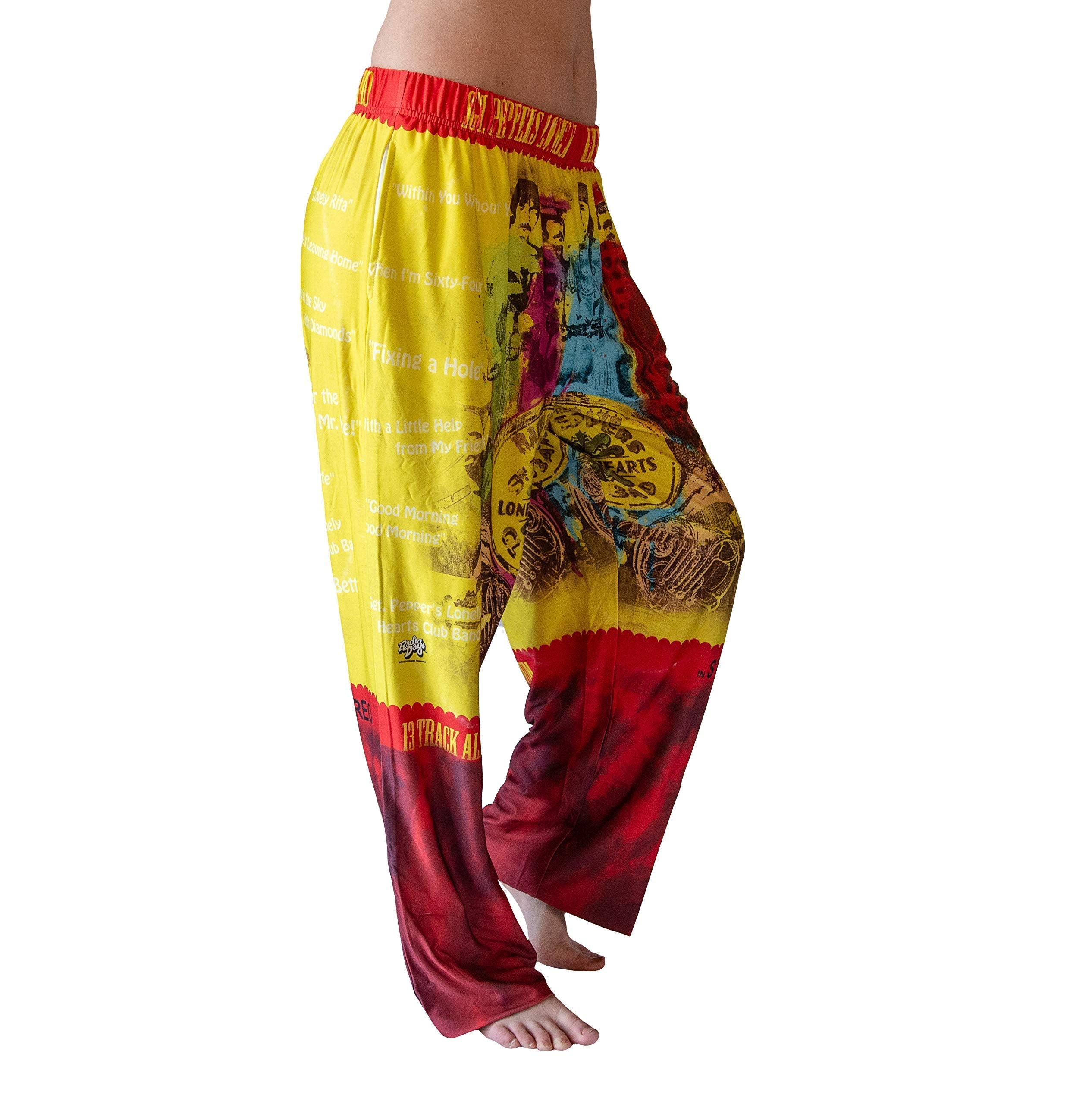 Waist down photo of model wearing Sgt. Peppers pajama lounge pants side view (white background)