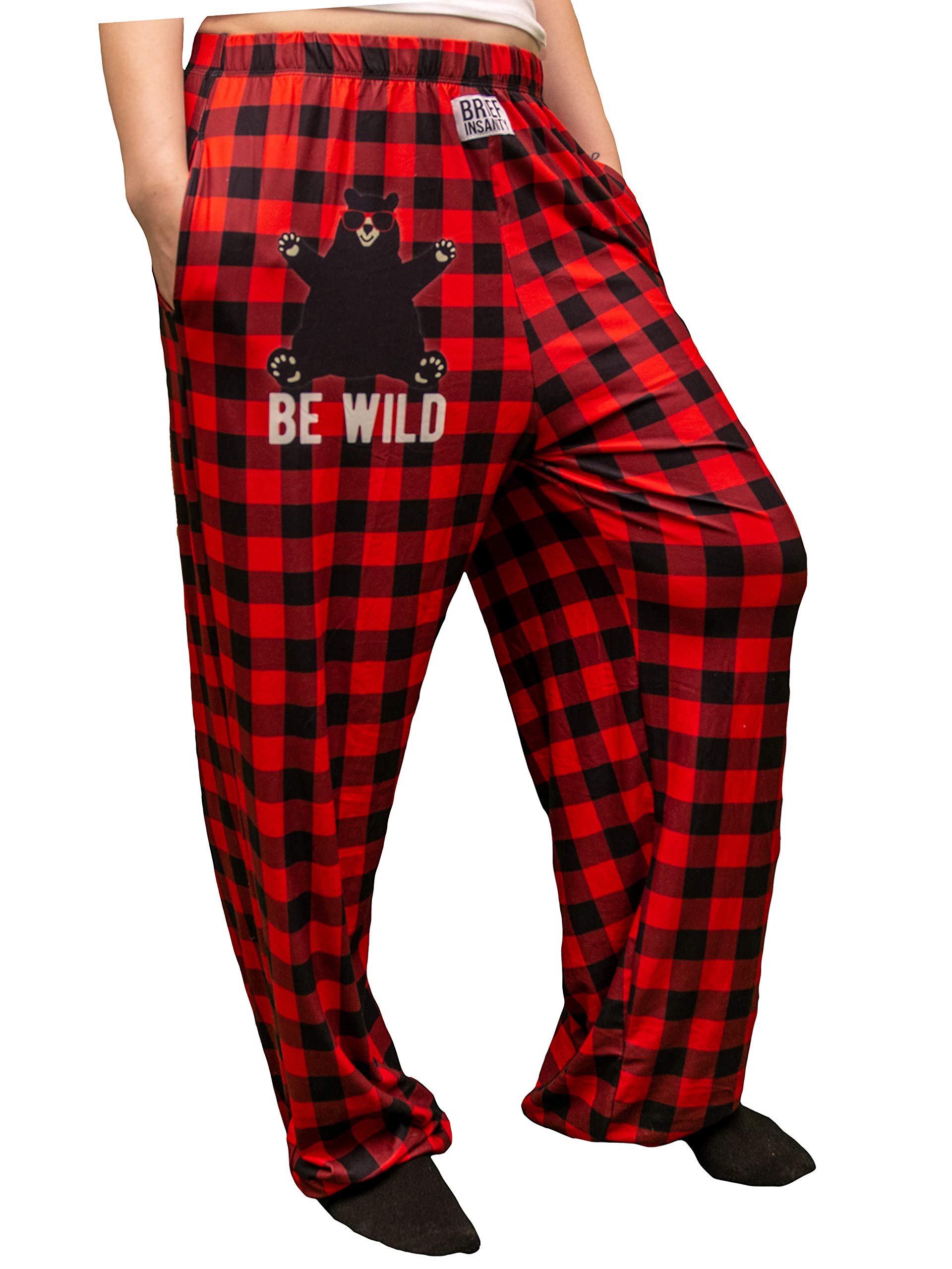 Waist down photo of model wearing Be Wild Red Plaid pajama lounge pants front/side view (white background)