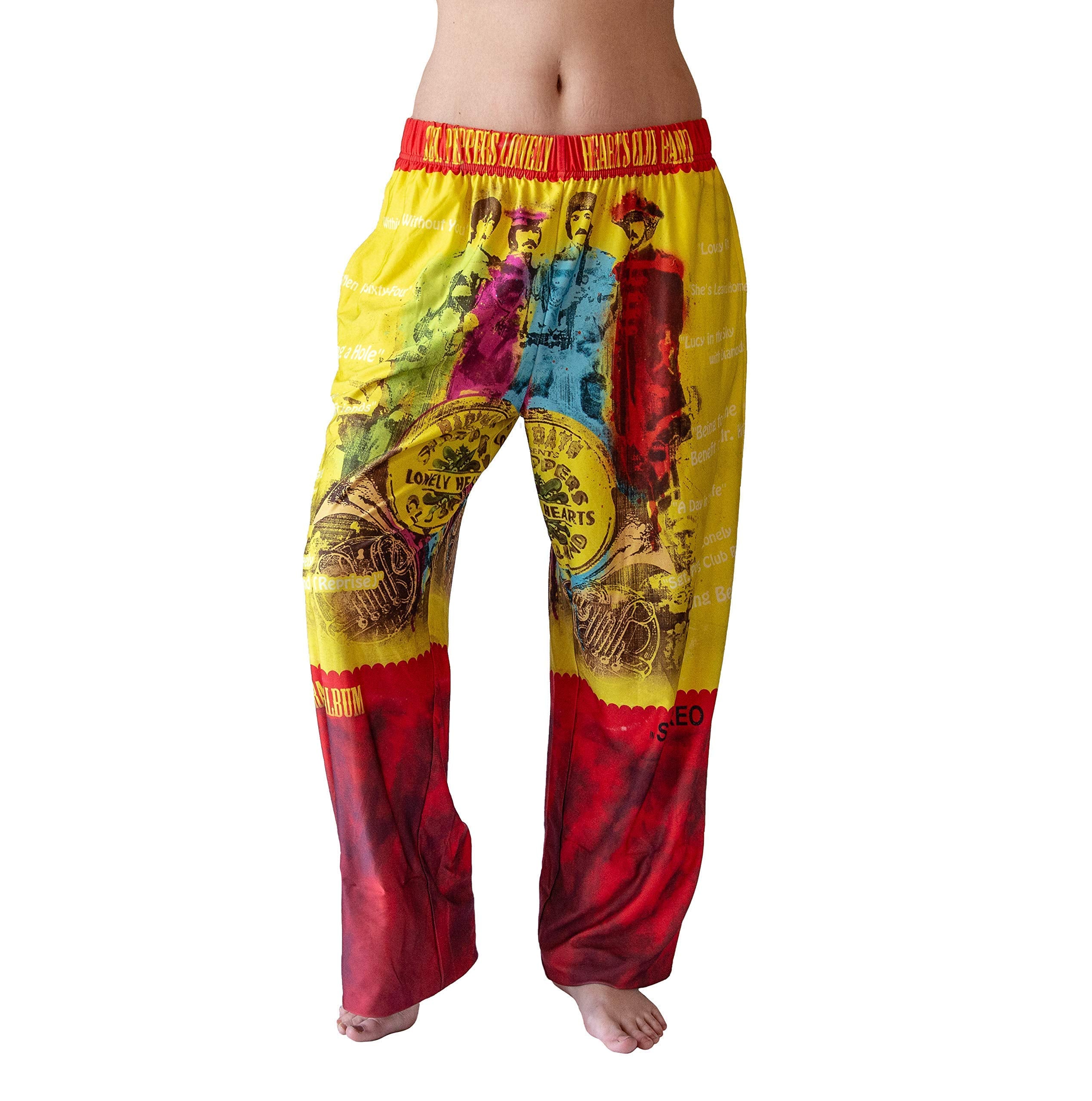 Waist down photo of model wearing Sgt. Peppers pajama lounge pants front view (white background)