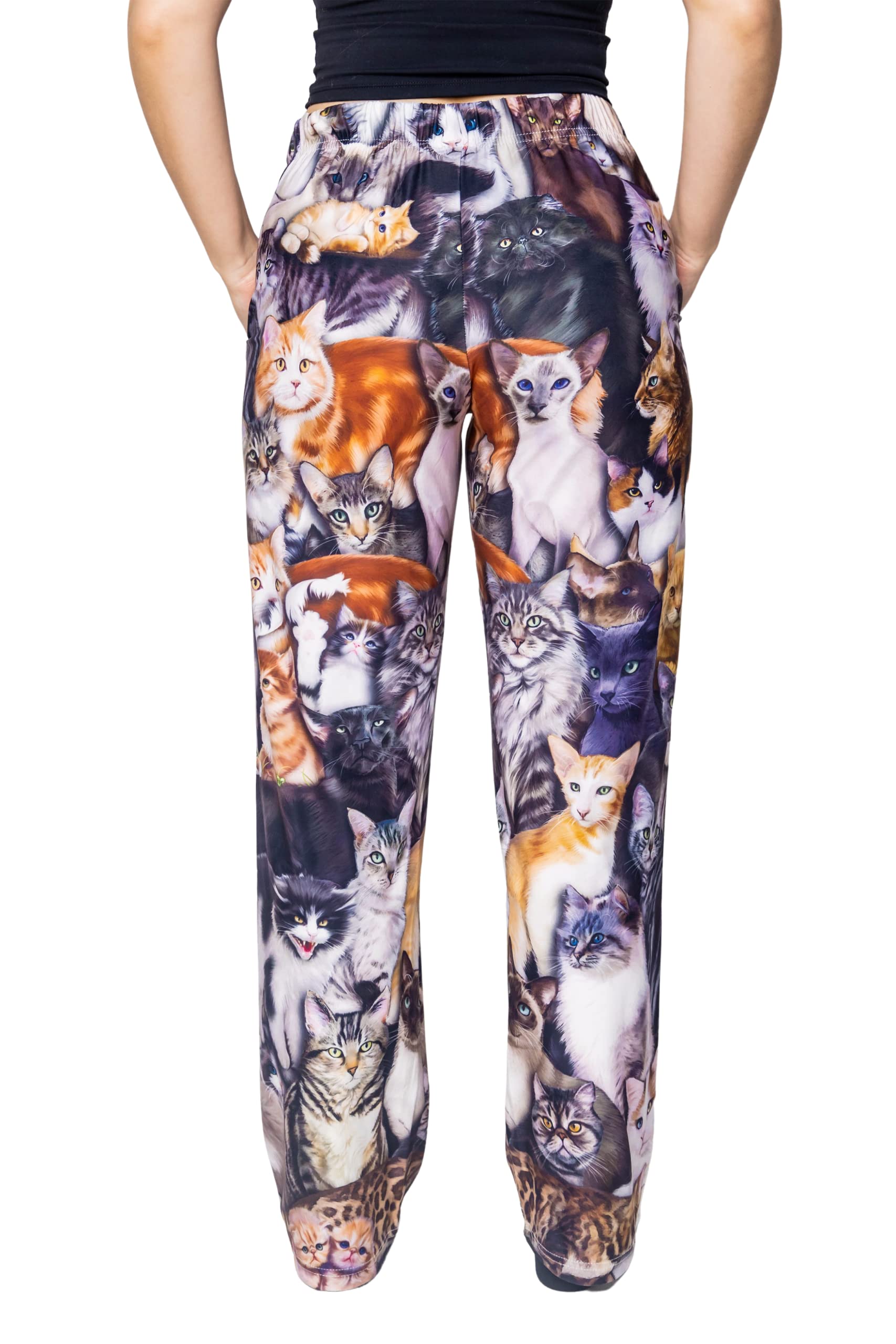 Waist down photo of model wearing All Over Cat pajama lounge pants back view (white background)