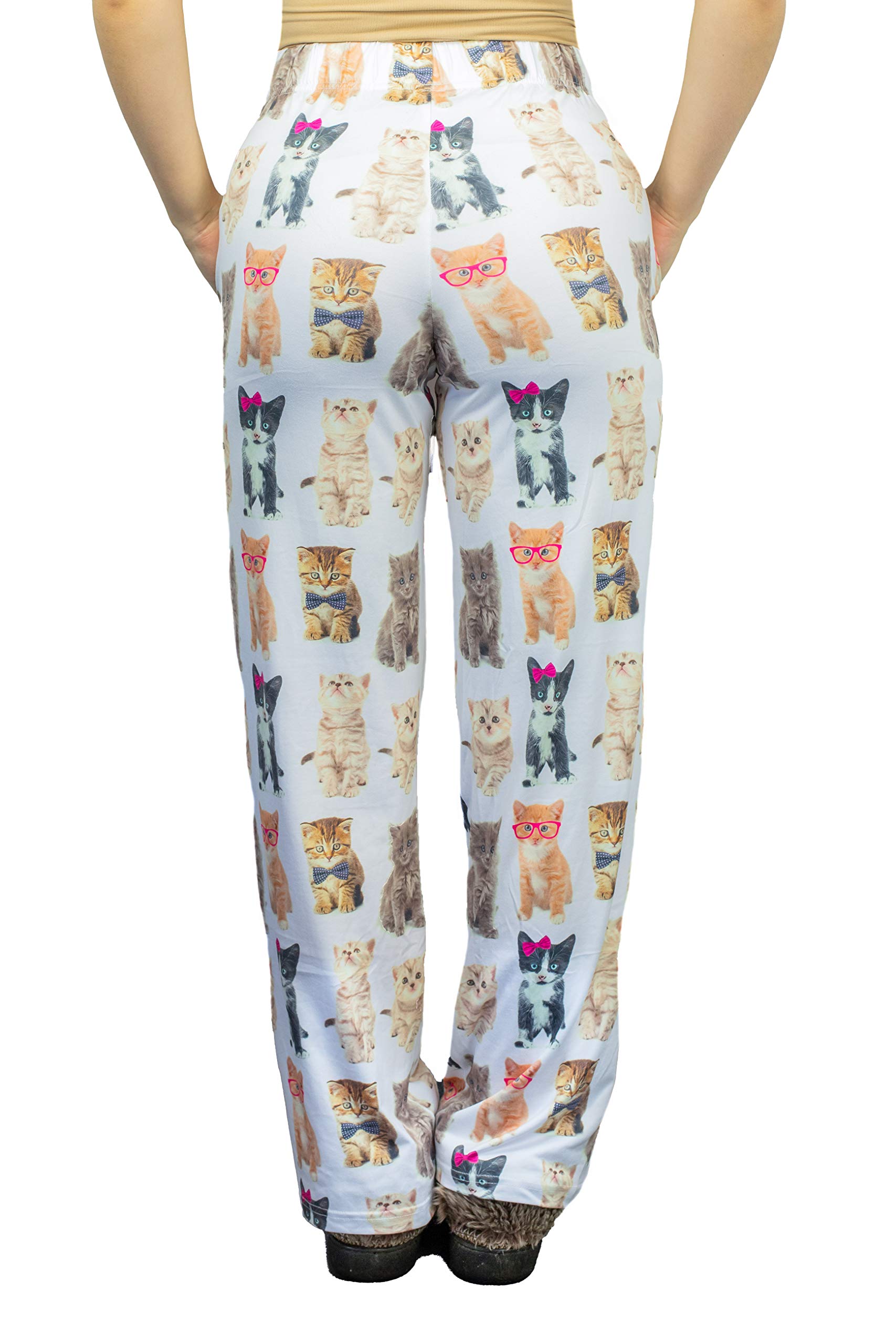 Waist down photo of model wearing Check Meowt pajama lounge pants back view (white background)