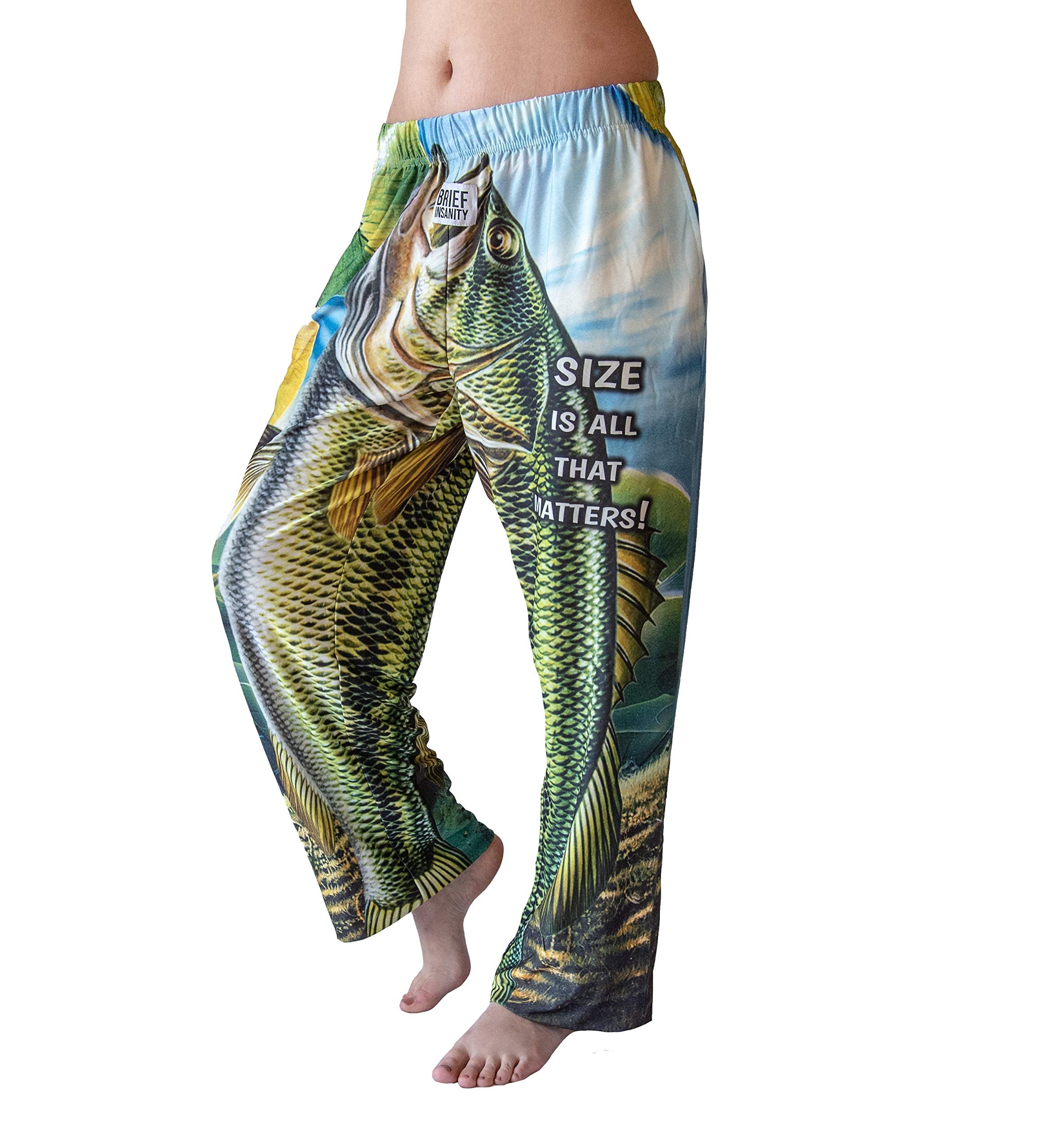 Waist down photo of model wearing Big Fish Size Matters pajama lounge pants side view (white background)