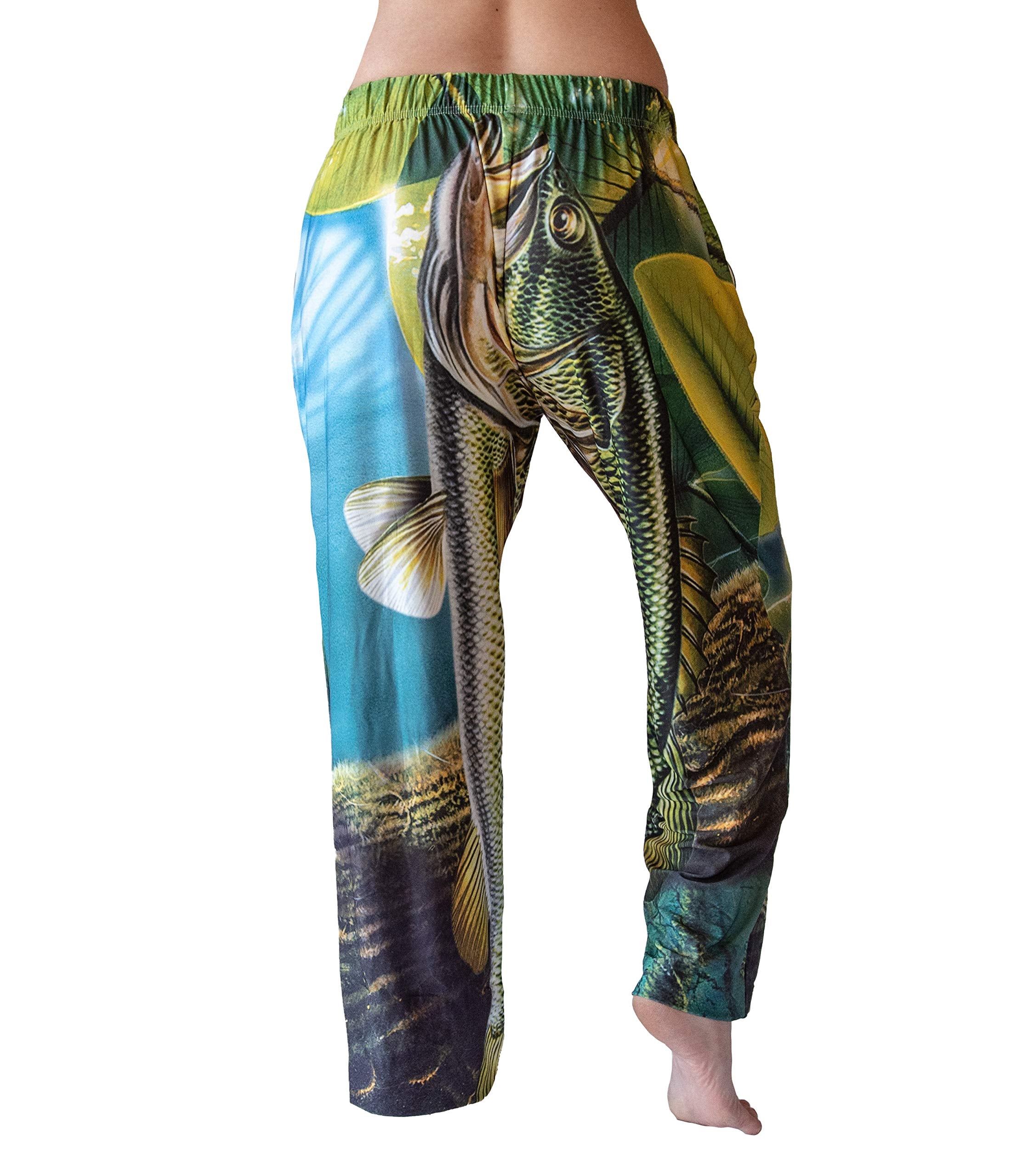 Waist down photo of model wearing Big Fish Size Matters pajama lounge pants back view (white background)