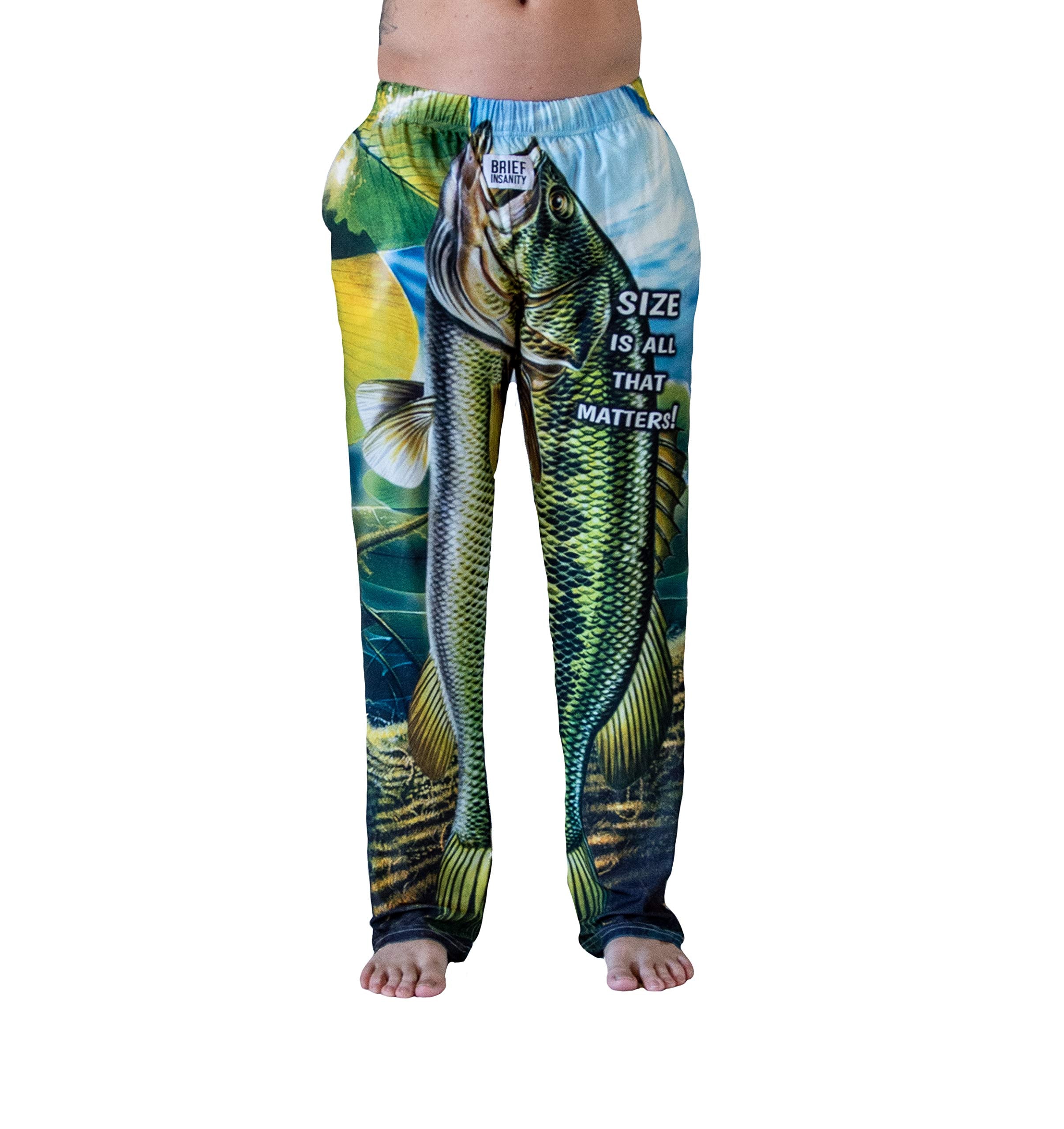 Waist down photo of model wearing Big Fish Size Matters pajama lounge pants front view (white background)