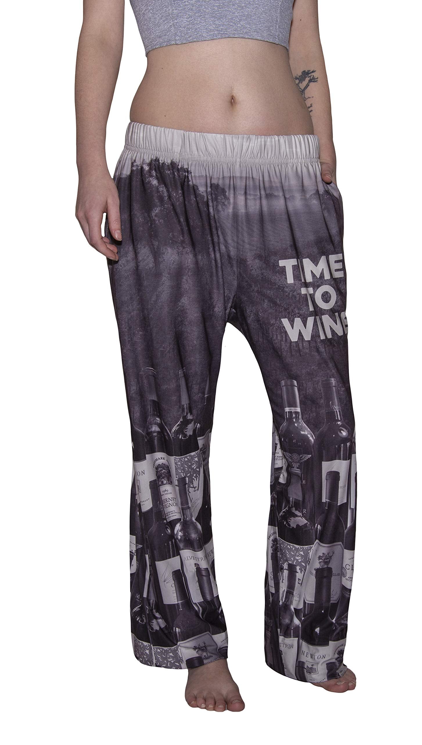 Waist down photo of model wearing Time To Wine pajama lounge pants front view (white background)