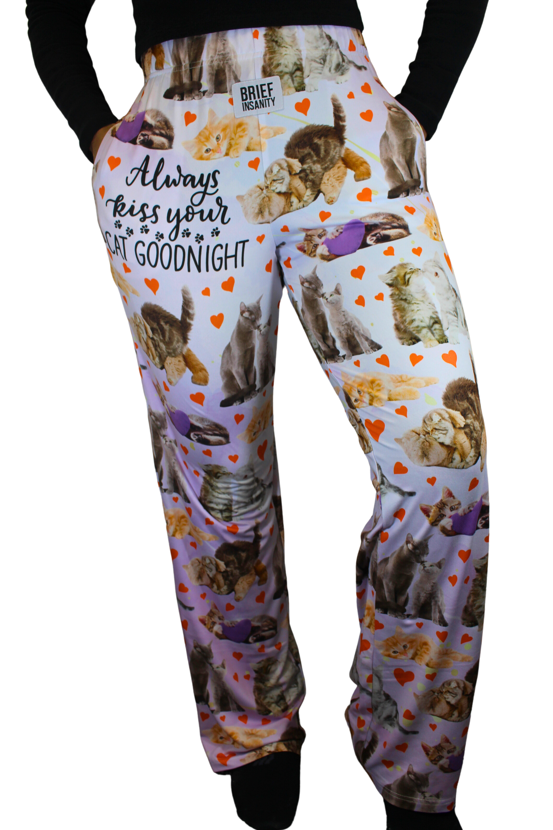 Always Kiss Your Cat Goodnight pajama lounge pants on model (front view)