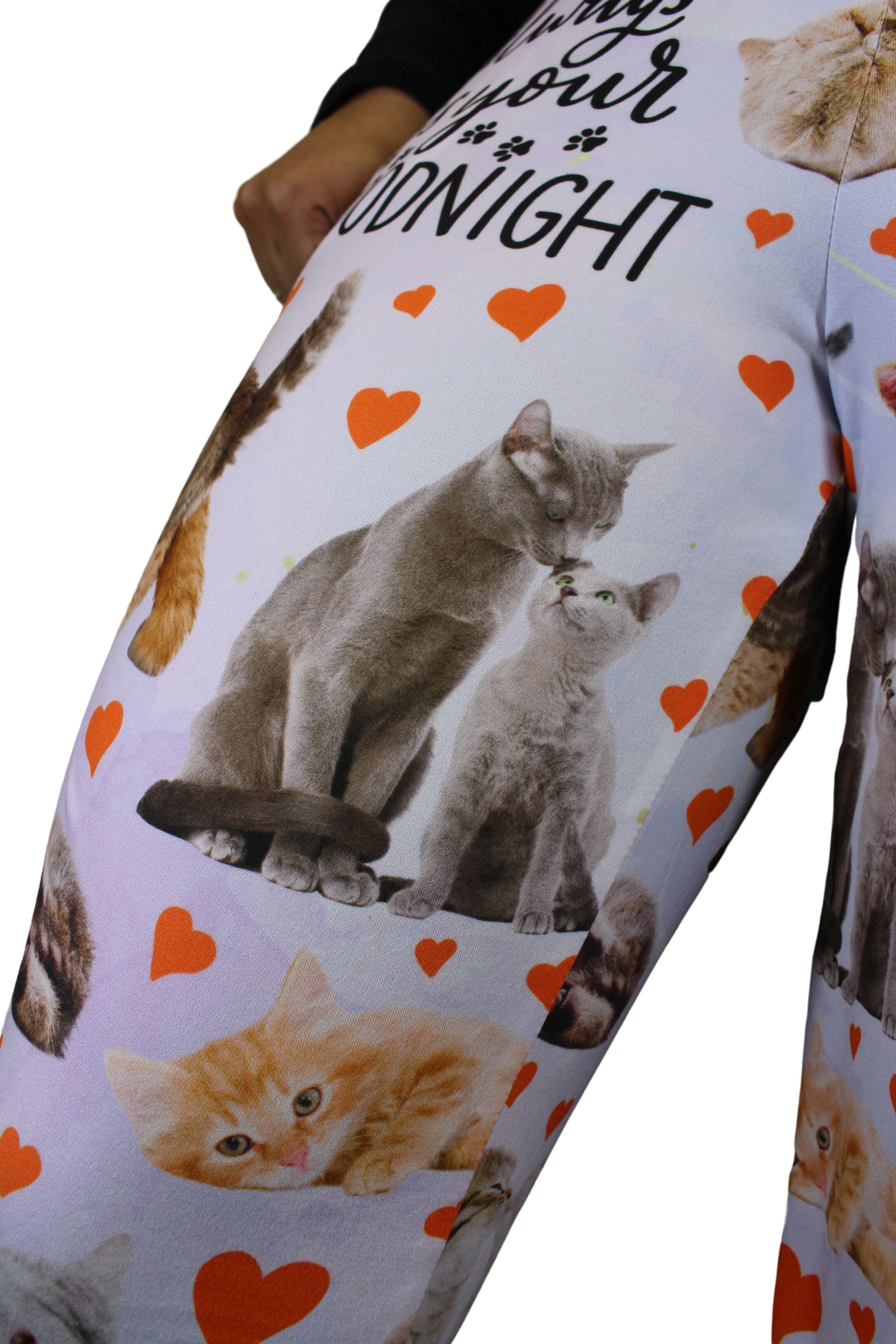 Always Kiss Your Cat Goodnight pajama lounge pants on model close up view of upper right thigh showing cat graphic