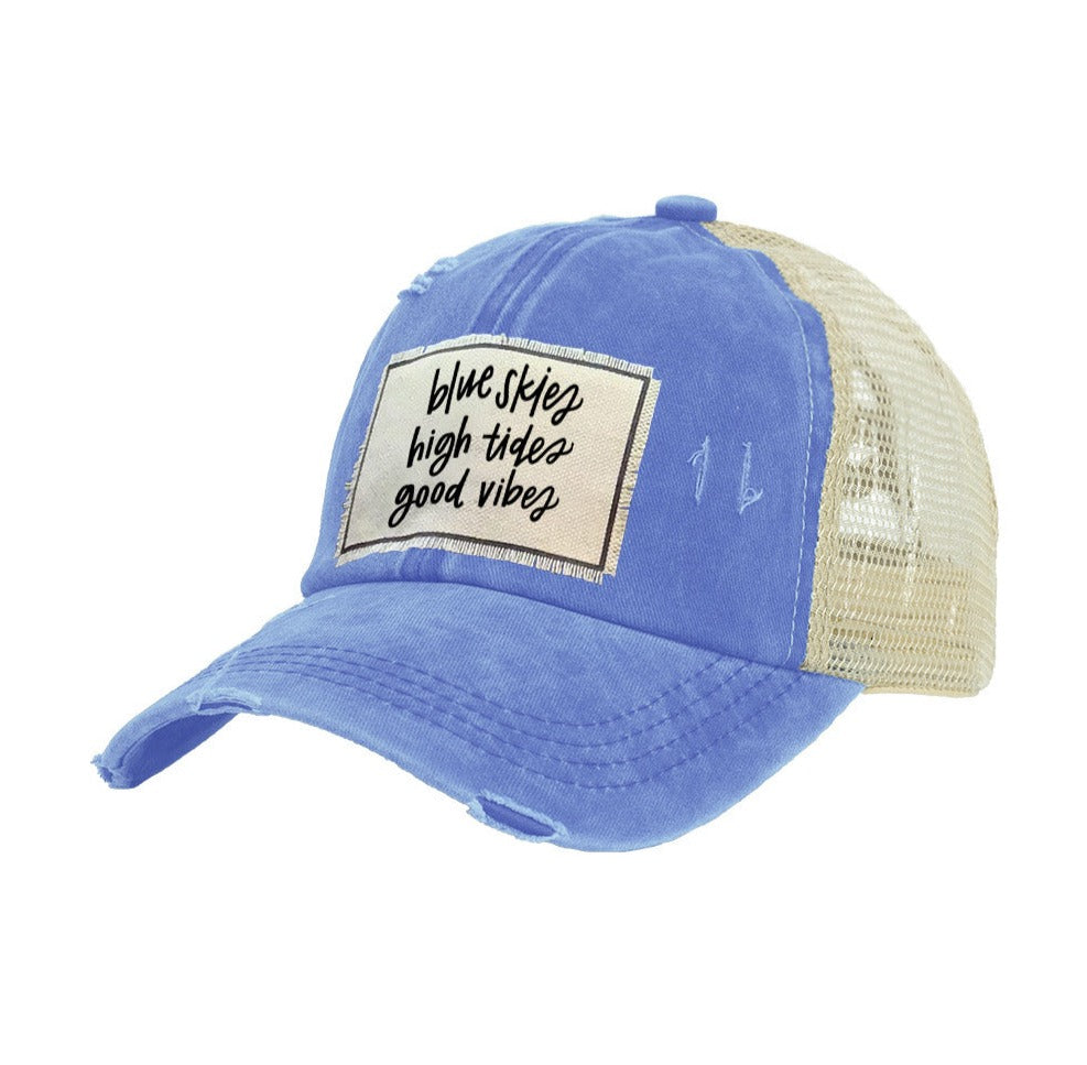 BRIEF INSANITY Blue Skies, Good Vibes Vintage Distressed Trucker Adult Hat