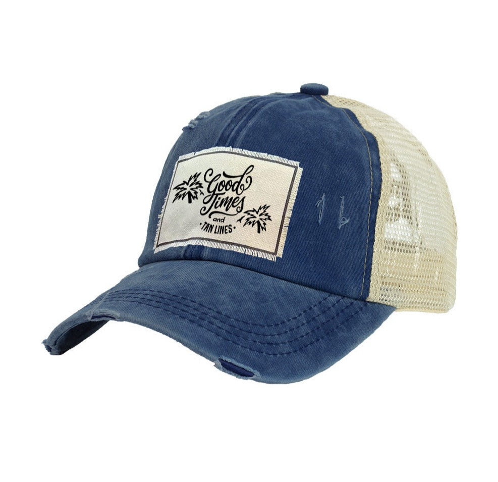 BRIEF INSANITY Good Times And Tan Lines Vintage Distressed Trucker Adult Hat