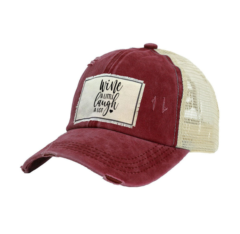 BRIEF INSANITY Wine A Little Laugh A Lot Vintage Distressed Trucker Adult Hat