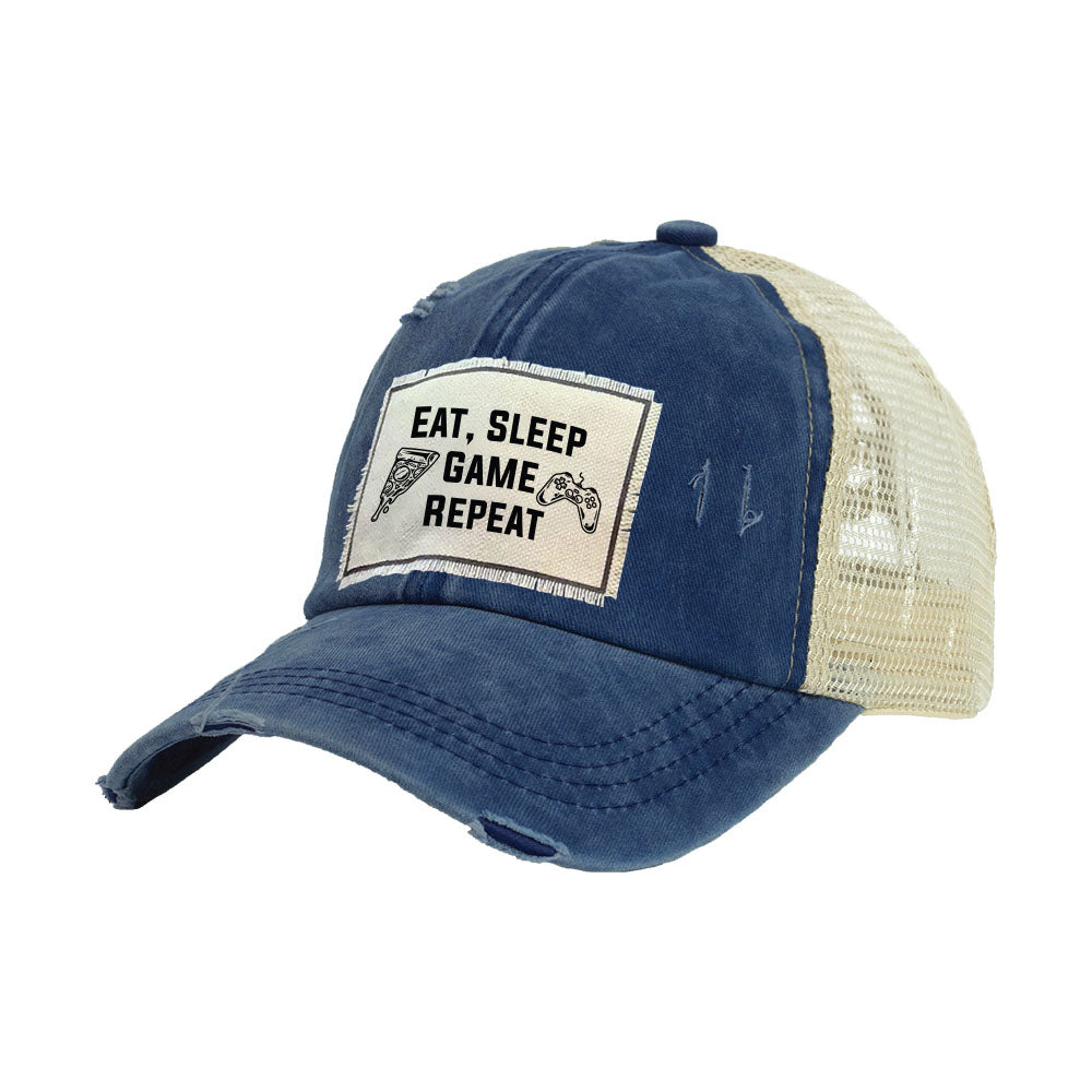BRIEF INSANITY Eat Sleep Game Repeat - Vintage Distressed Trucker Adult Hat