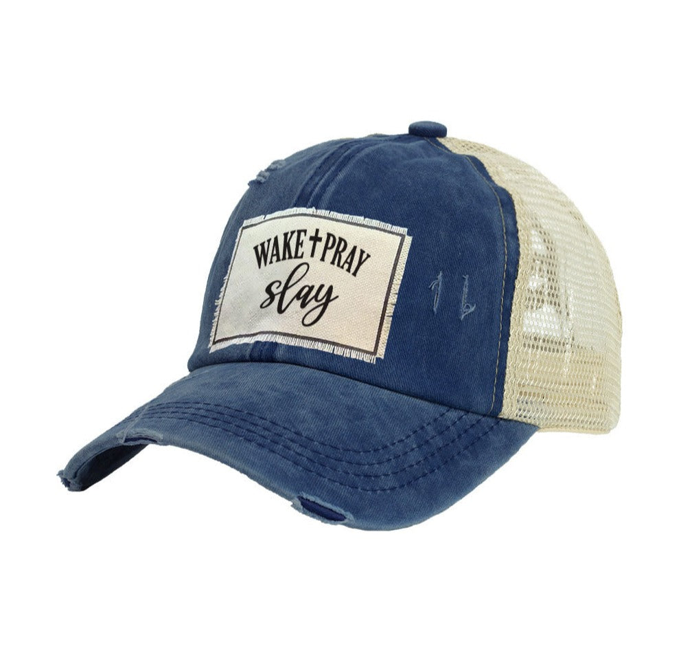 BRIEF INSANITY Wake Pray Slay Vintage Distressed Trucker Adult Hat