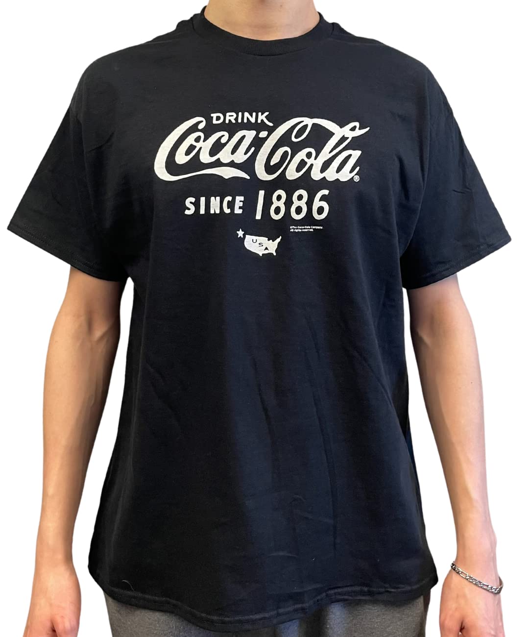 BRIEF INSANITY Coca-Cola Classic Vintage Black Short Sleeve T-Shirt on model (front view white background)