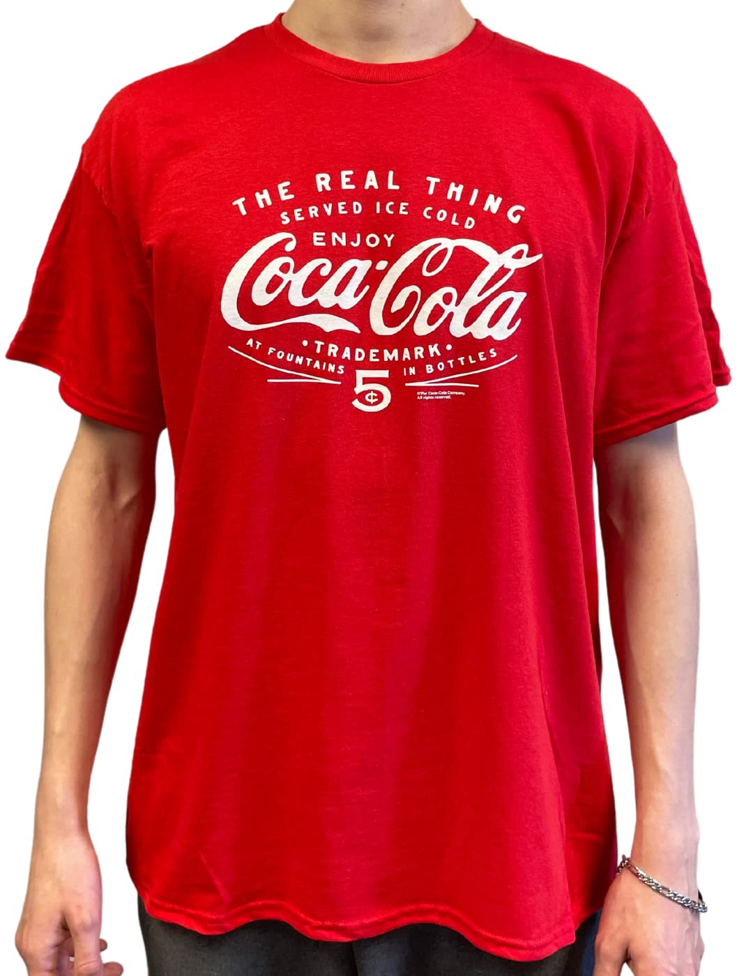 BRIEF INSANITY Coca-Cola Classic Vintage Red Short Sleeve T-Shirt on model (front view)