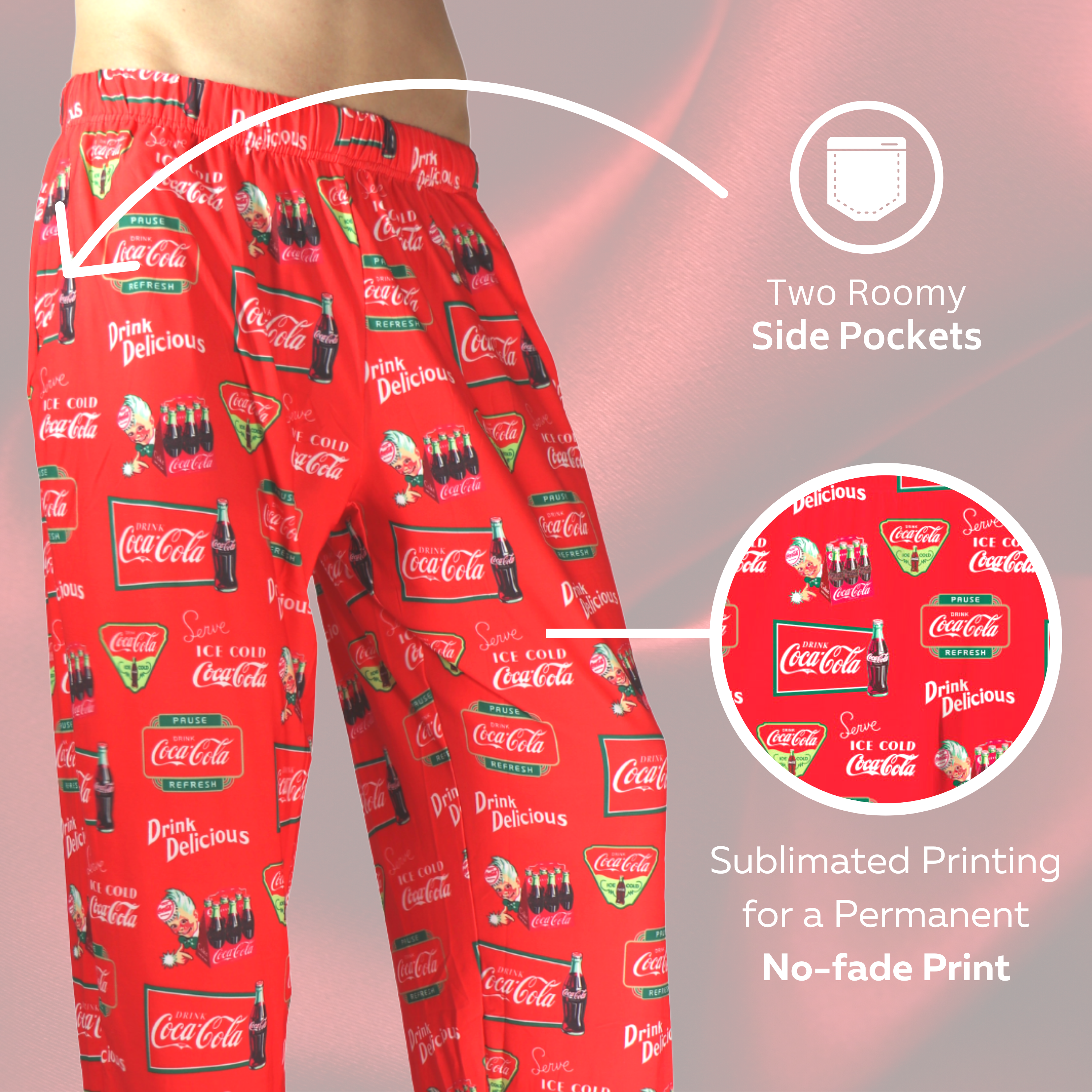 Waist down photo of model wearing Coca-Cola Retro Pattern pajama lounge pants side view with descriptions. Two roomy side pockets. Sublimated printing for a permanent no-fade print