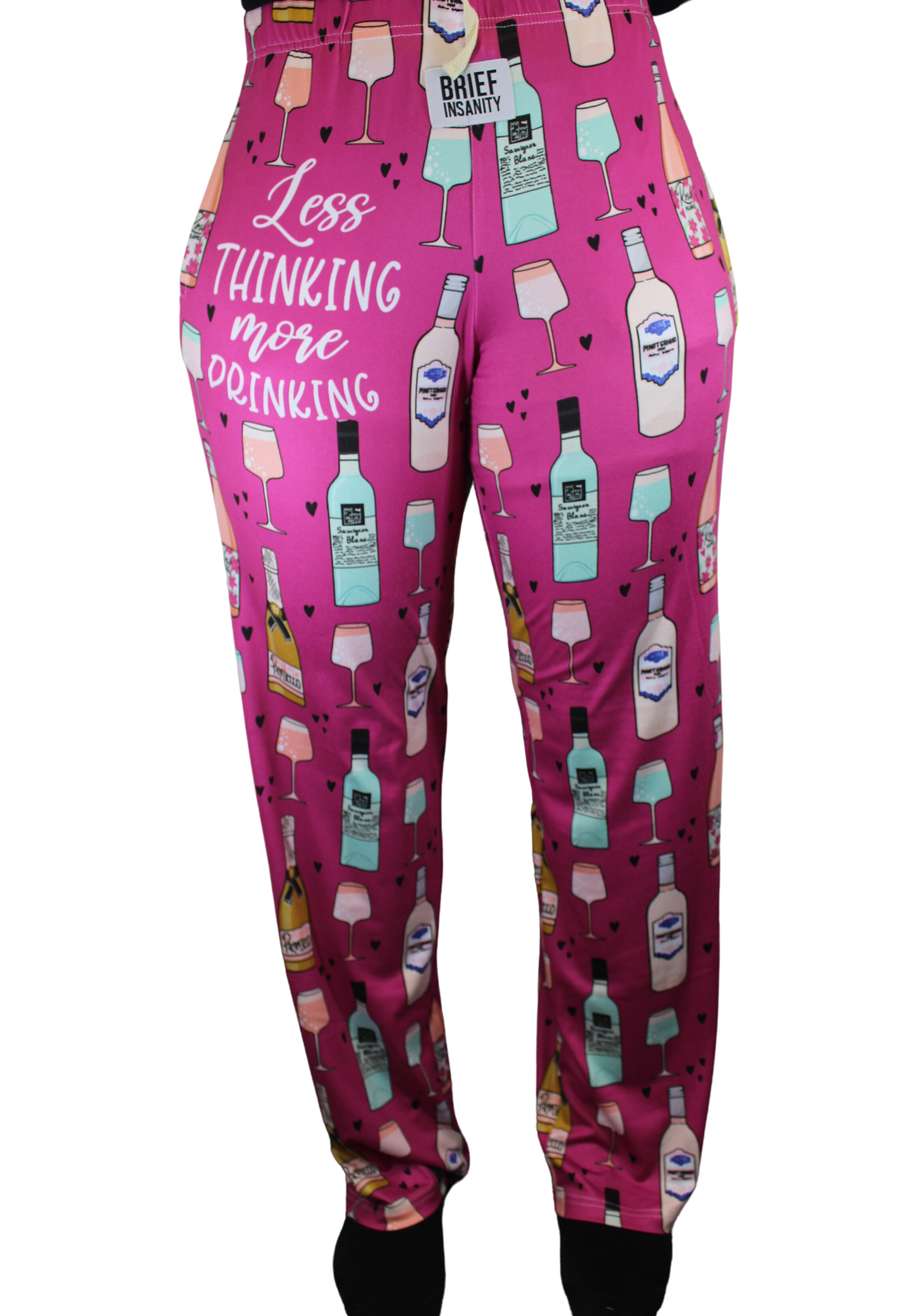 Less Thinking, More Drinking pajama lounge pants on model (front view)